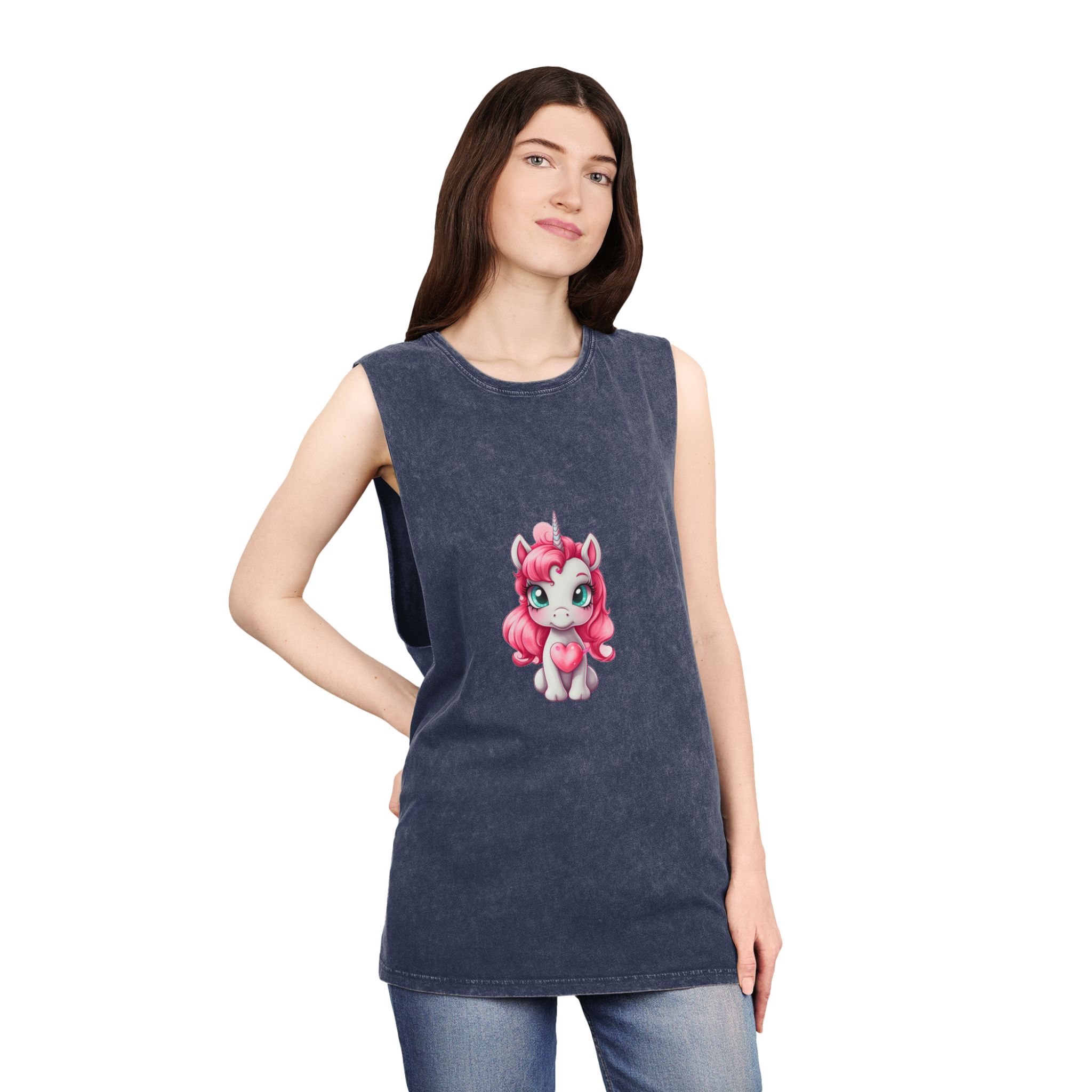 Cartoon Unicorn With Pink Hair Heart Shaped Tail Generative Ai Unisex Stonewash Tank Top - Image 16