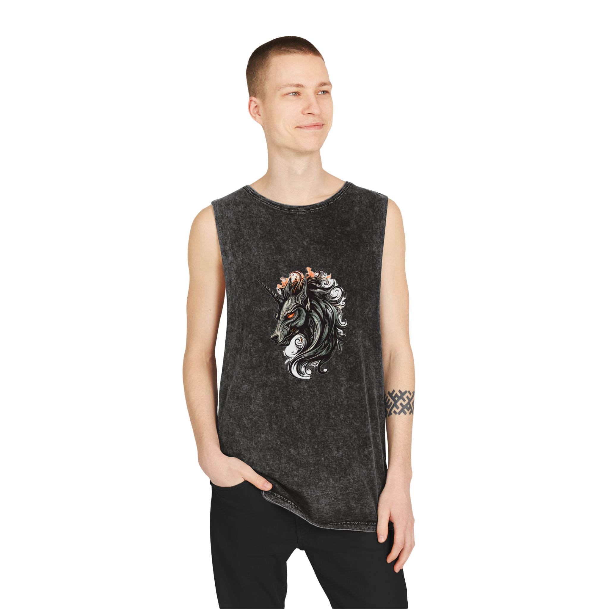 Unicorn Head Tshirt Tattoo Design Dark Art Illustration Isolated White Unisex Stonewash Tank Top - Image 3