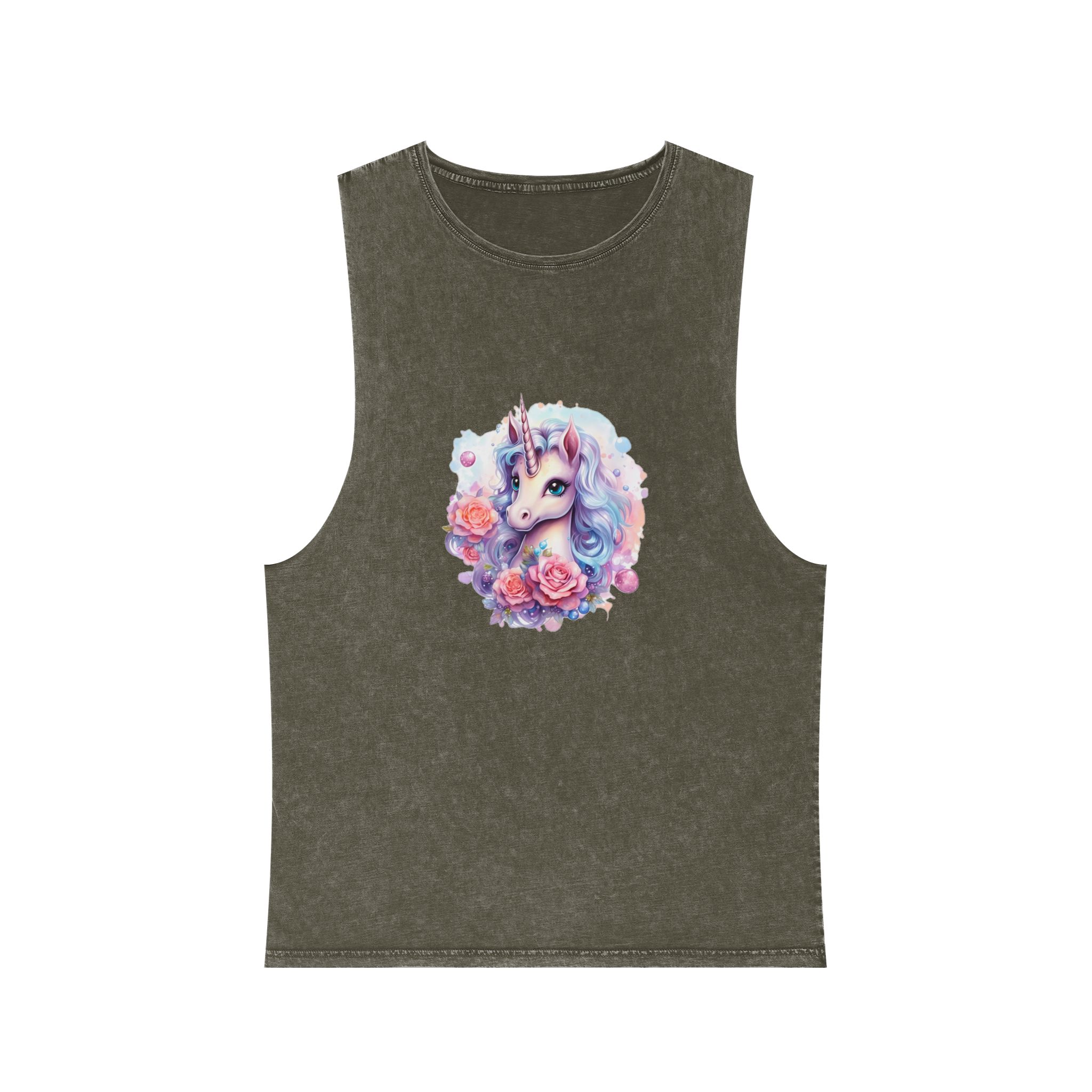 Cute Colorful Magic Unicorn With Flowers Watercolor Style (8) Copy Unisex Stonewash Tank Top - Image 5