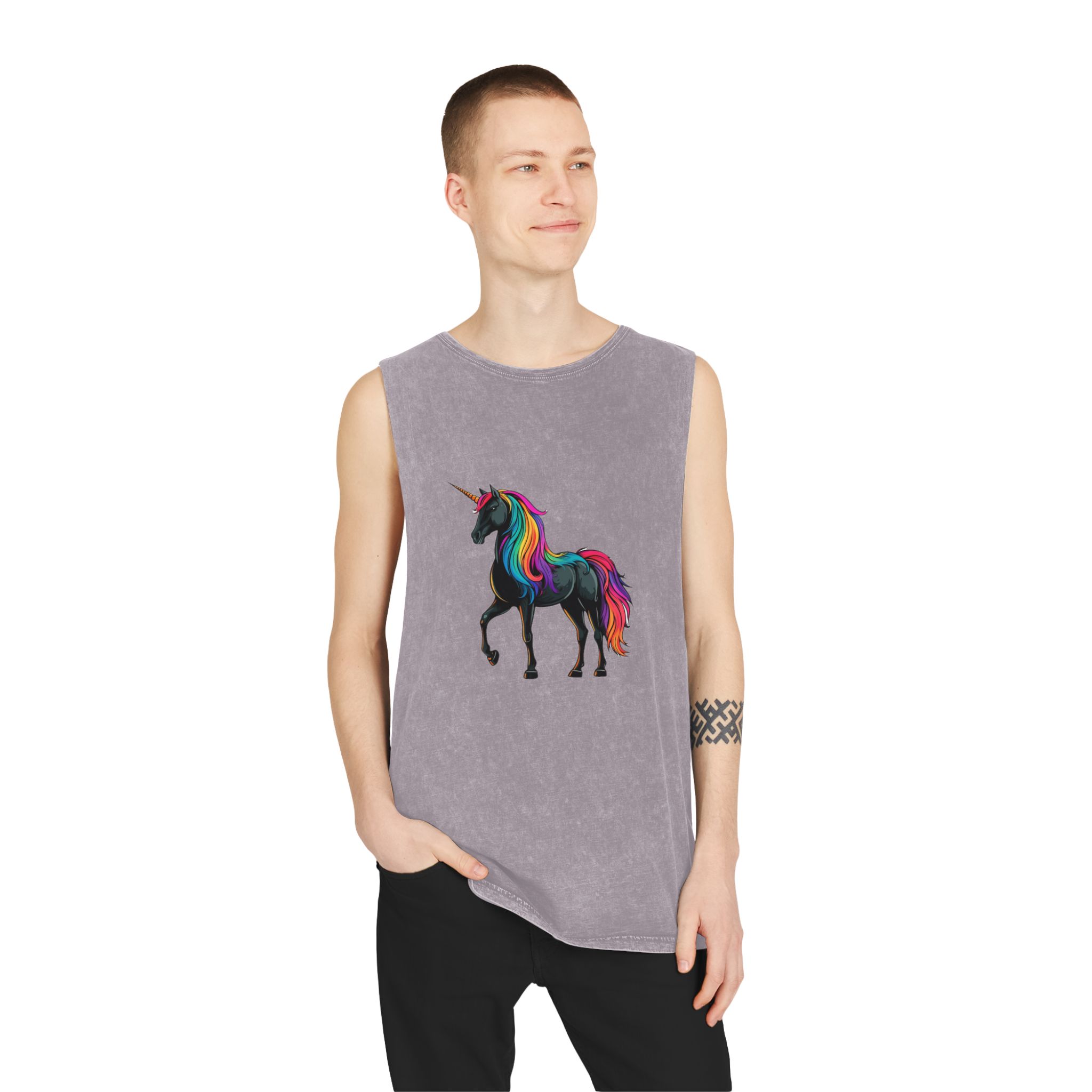 Cartoon Unicorn With Rainbow Mane Horn Generative Ai Unisex Stonewash Tank Top - Image 19