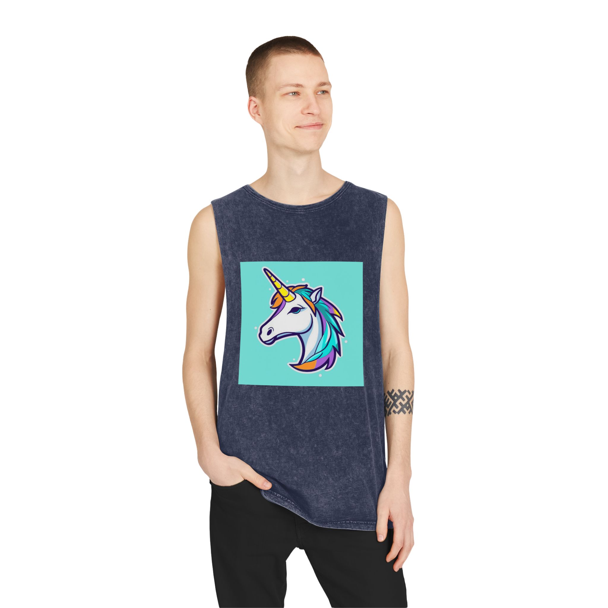 Cartoon Unicorn Head Vector With Maximum 16 Colors I 3 Unisex Stonewash Tank Top - Image 15