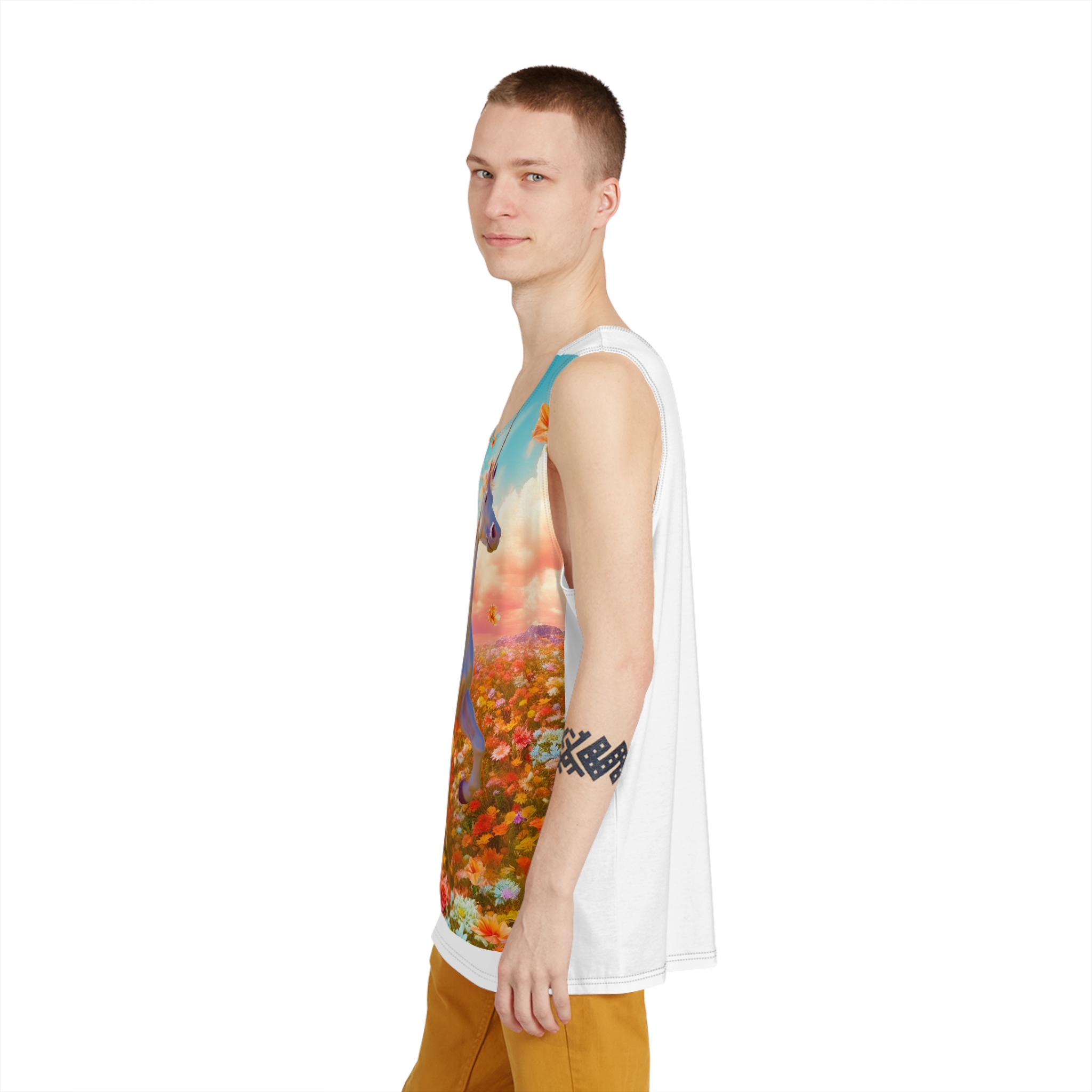 Image White Unicorn Running Through Field Wildflowers Generative Ai Mens Tank Aop