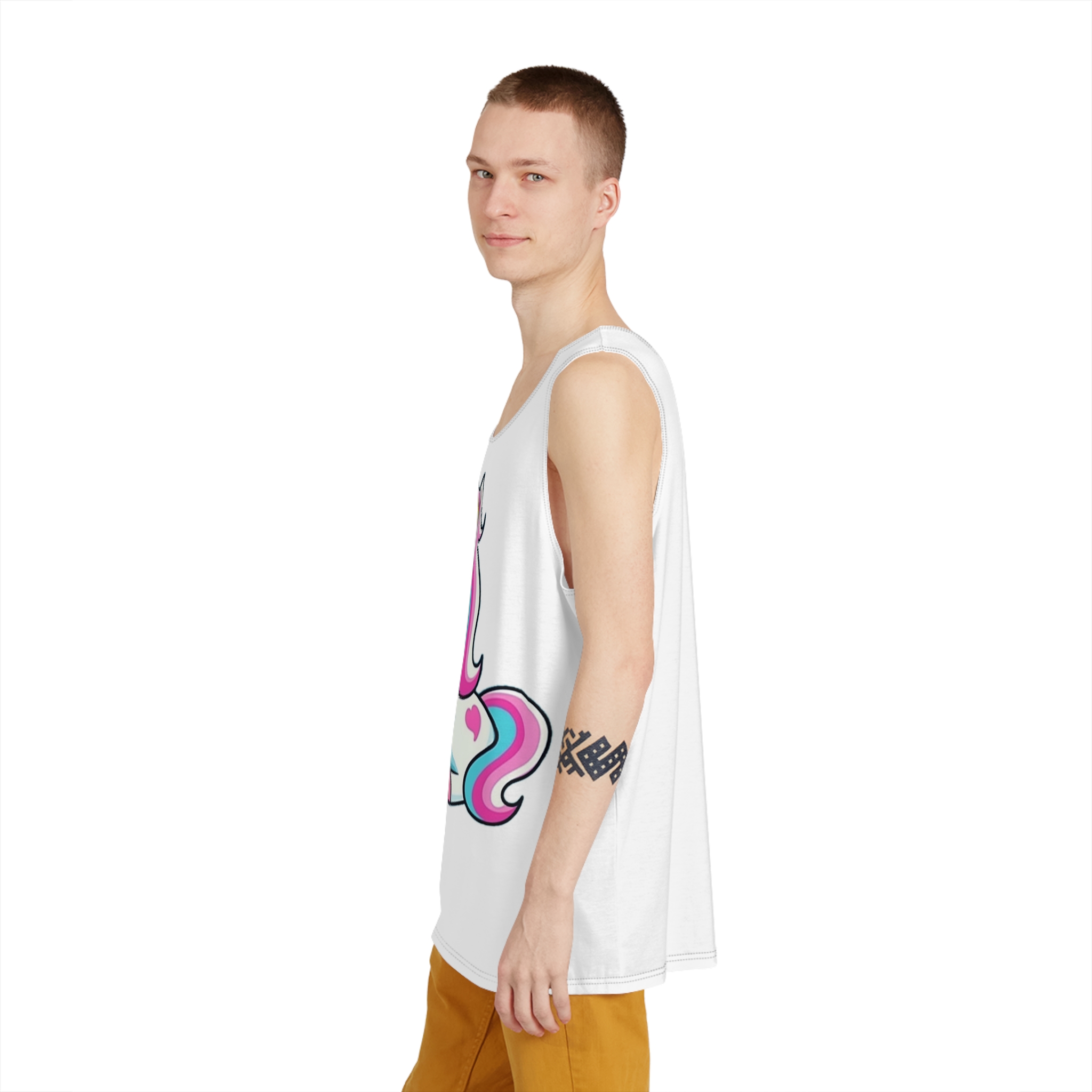 Cartoon Unicorn With Pink Mane Stars Blue Background Generative Ai Mens Tank Aop