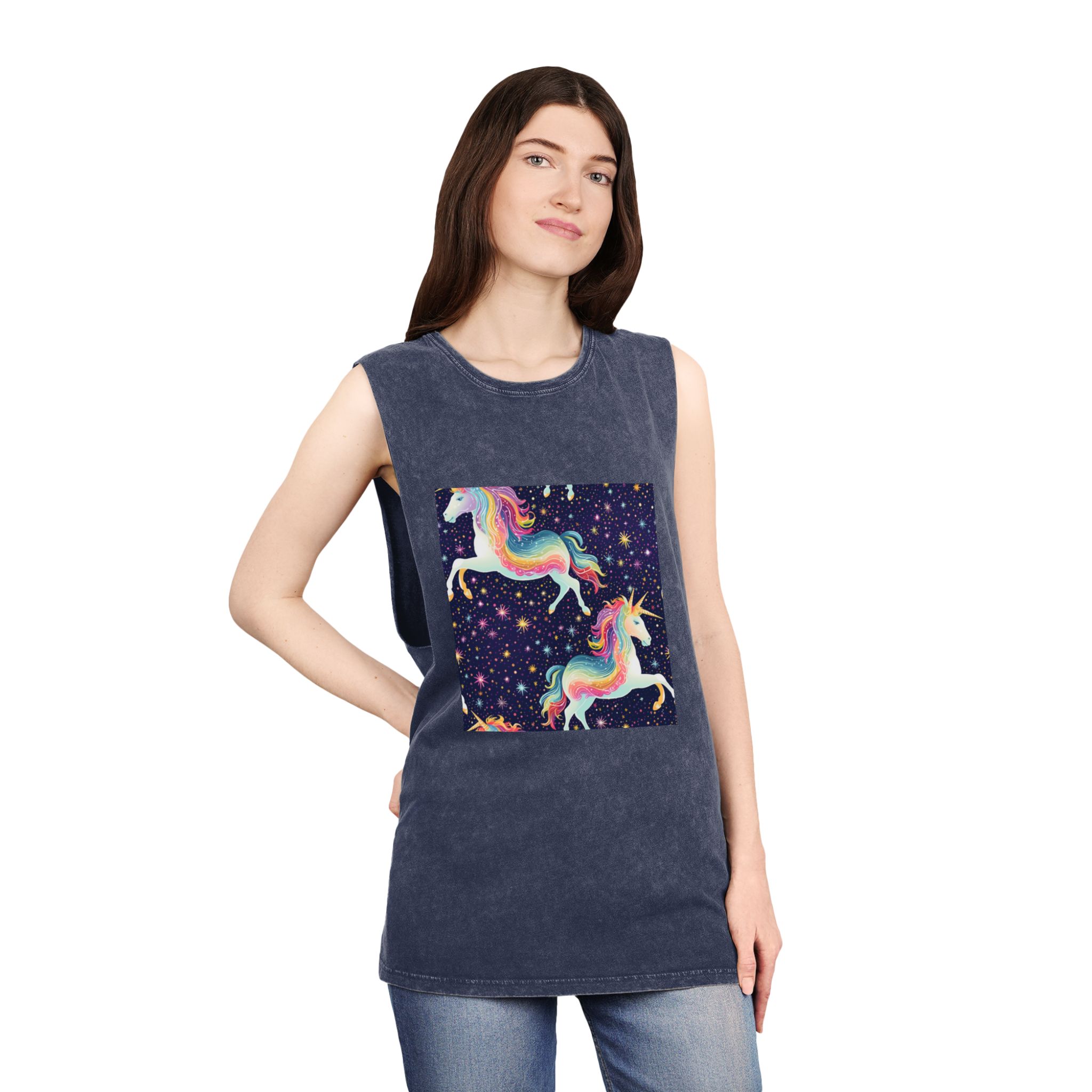 Seamless Pattern With Unicorns Stars Dark Background Generative Ai Unisex Stonewash Tank Top - Image 16