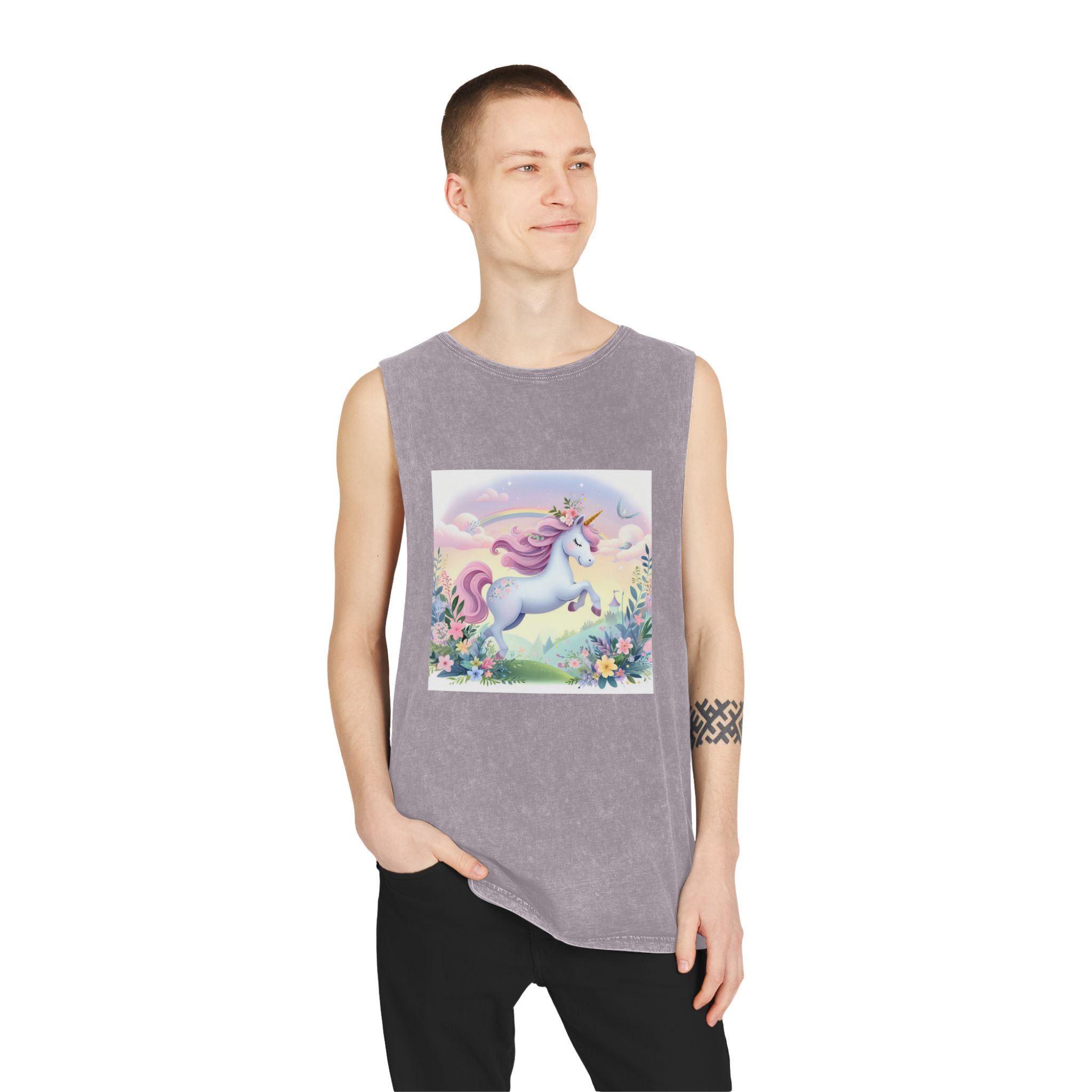 Beautiful Unicorn Running Magical Meadow Unicorn Background Images Whimsical Unicorn (11) Unisex Stonewash Tank Top - Image 19