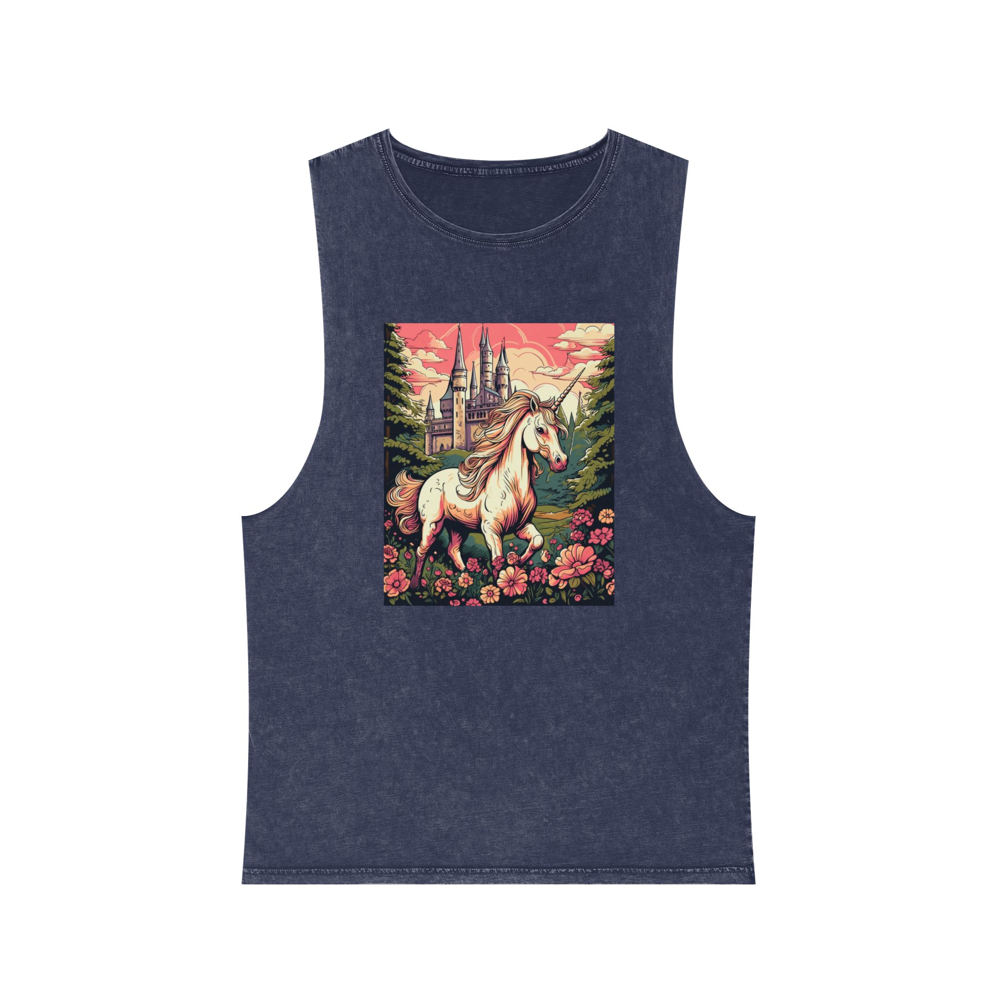 Unicorn Front Castle With Flowers Trees Generative Ai Unisex Stonewash Tank Top - Image 13
