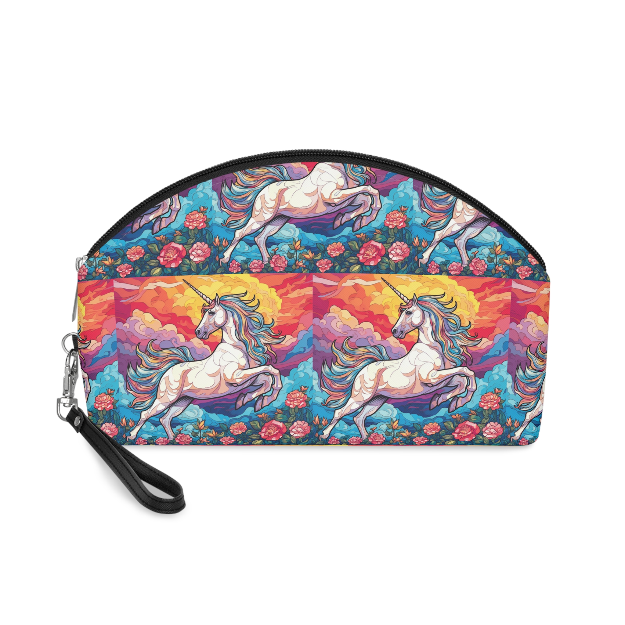 Unicorn Sky With Flowers Clouds Generative Ai Makeup Bag