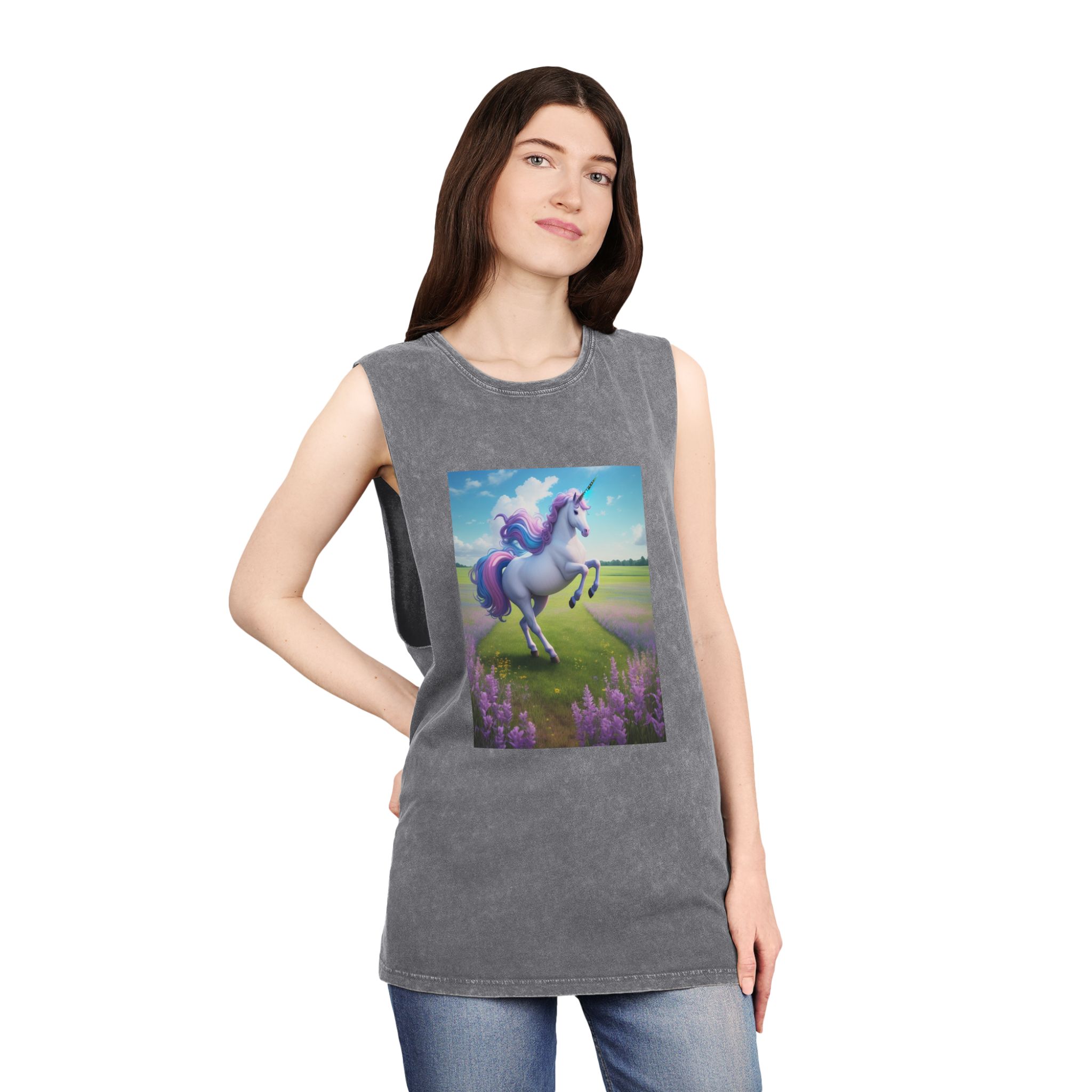 Beautiful Unicorn Running Magical Meadow Unicorn Background Images Whimsical Unicorn (24) Unisex Stonewash Tank Top - Image 12