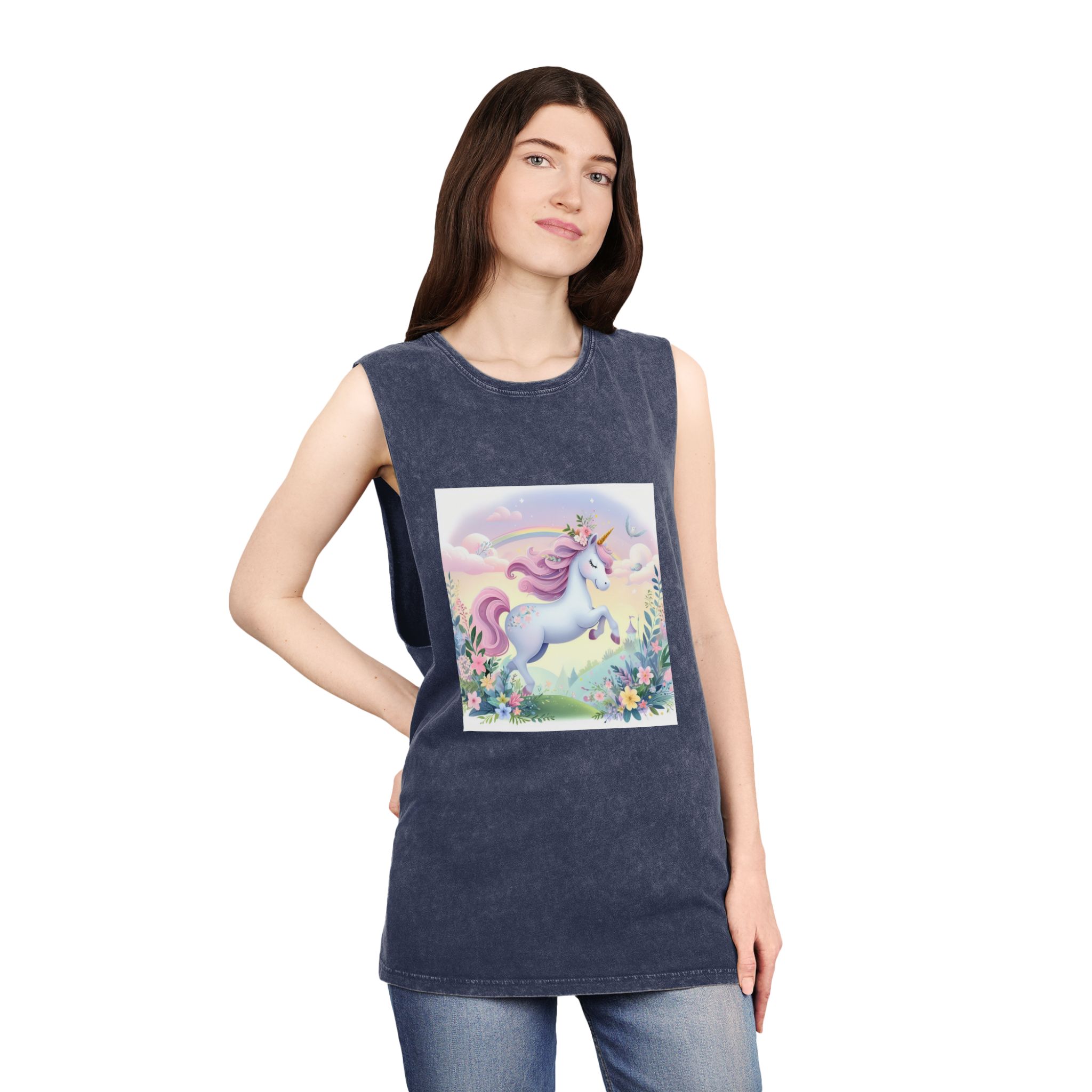 Beautiful Unicorn Running Magical Meadow Unicorn Background Images Whimsical Unicorn (11) Unisex Stonewash Tank Top - Image 16