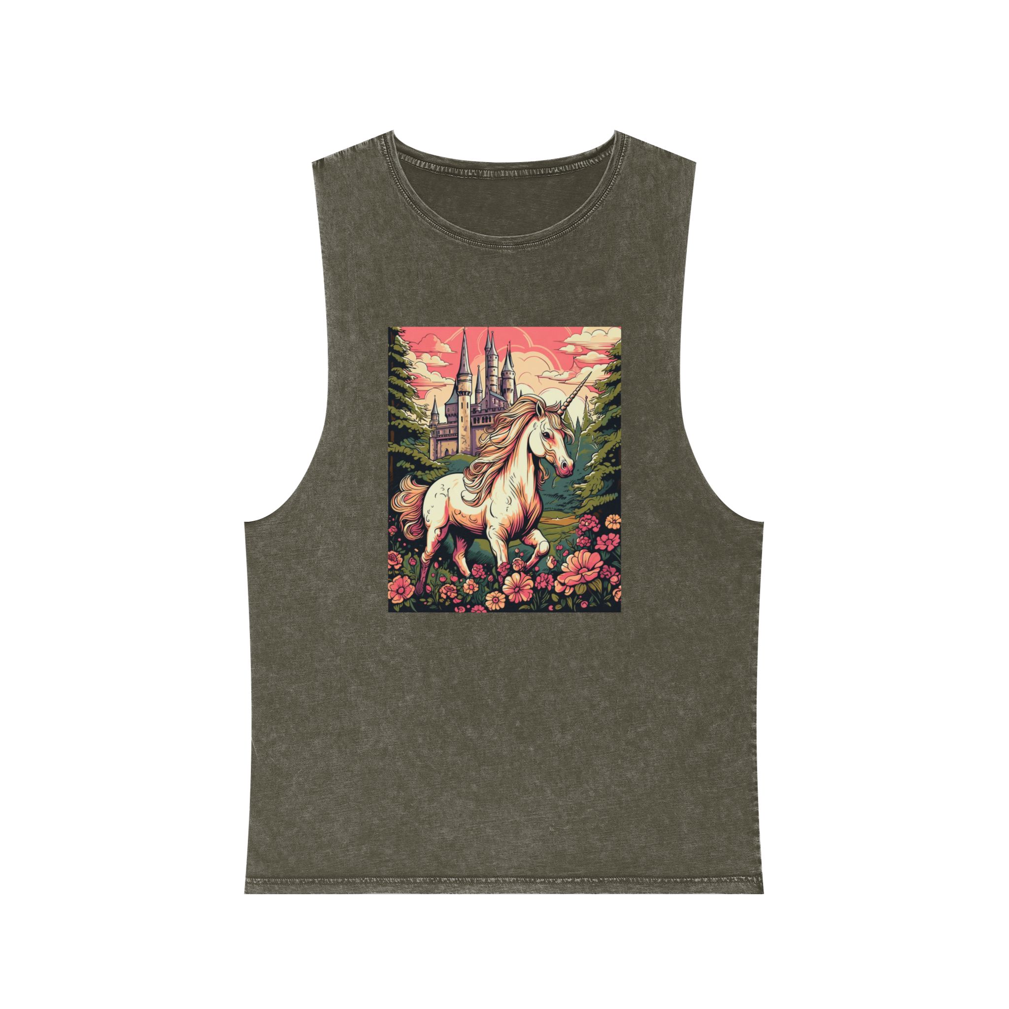 Unicorn Front Castle With Flowers Trees Generative Ai Unisex Stonewash Tank Top - Image 5
