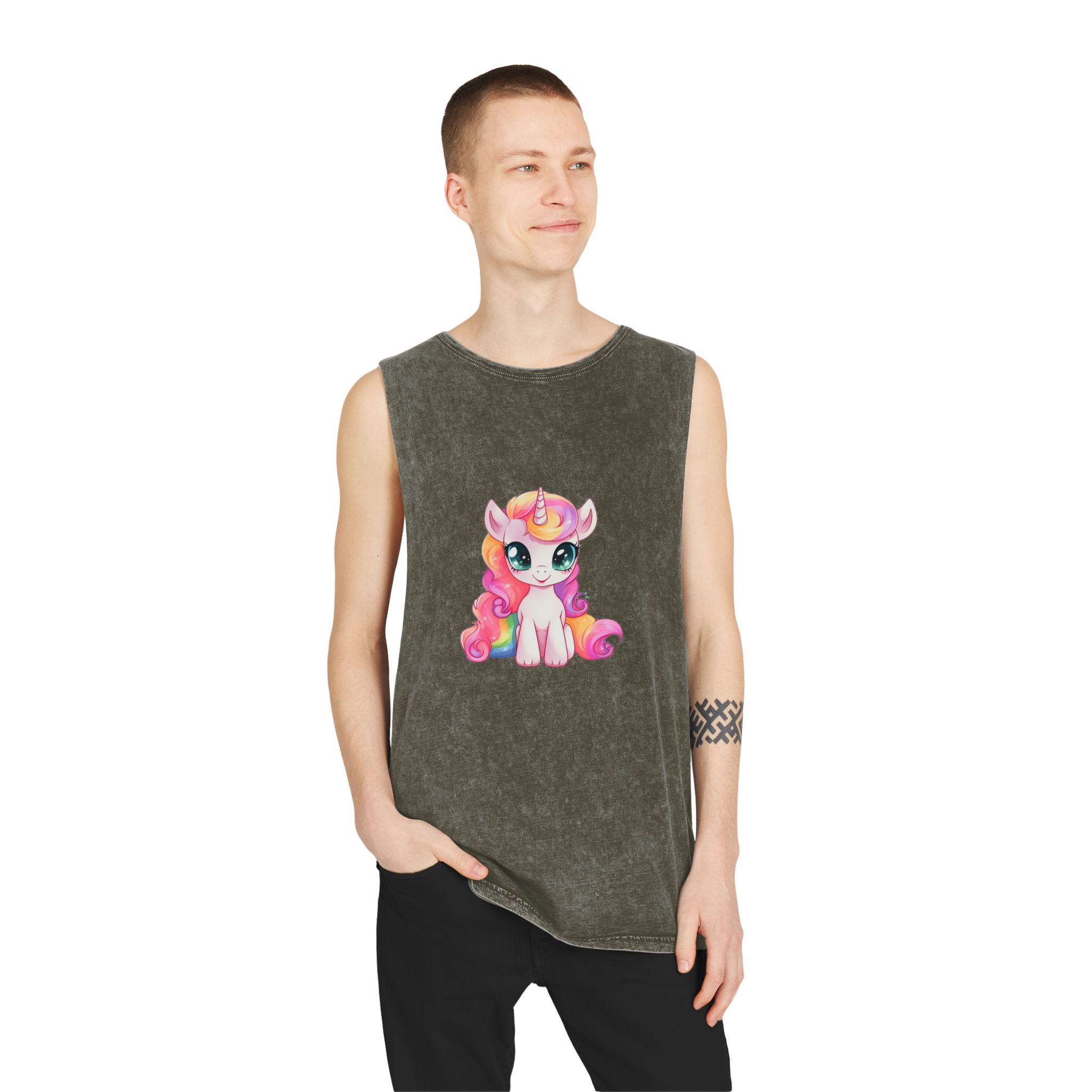 Cartoon Unicorn With Pink Hair Rainbow Mane Sitting Ground Generative Ai Unisex Stonewash Tank Top - Image 7