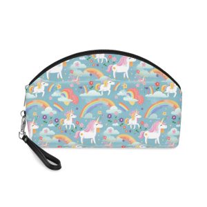 Playful Unicorns Among Flowers Clouds Rainbows Ice Creams Pastel Background (9) Makeup Bag