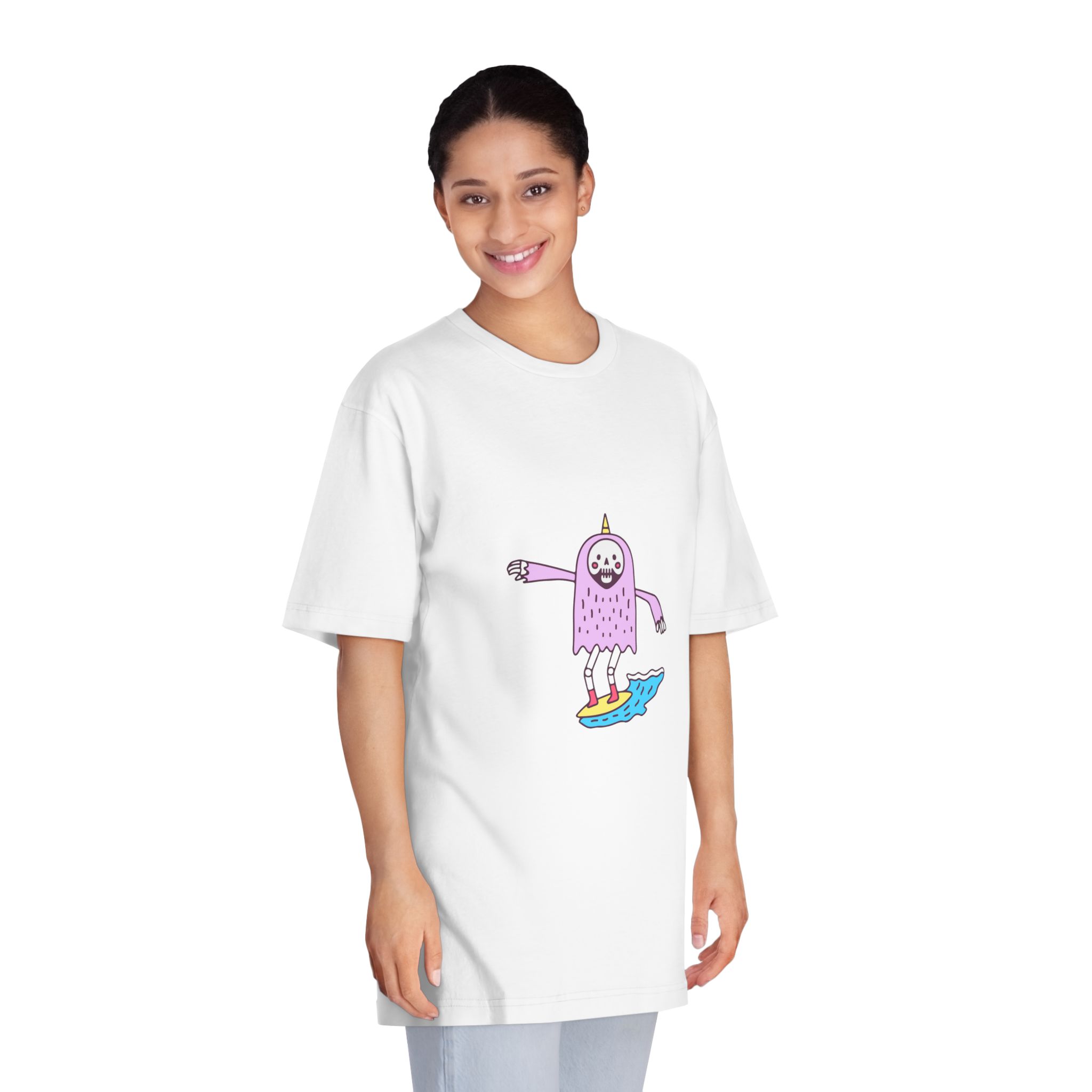 Cute Unicorn Grim Reaper Surfing Illustration T Shirt Sticker Apparel Merchandise Unisex Classic Crewneck T Shirt - Image 3