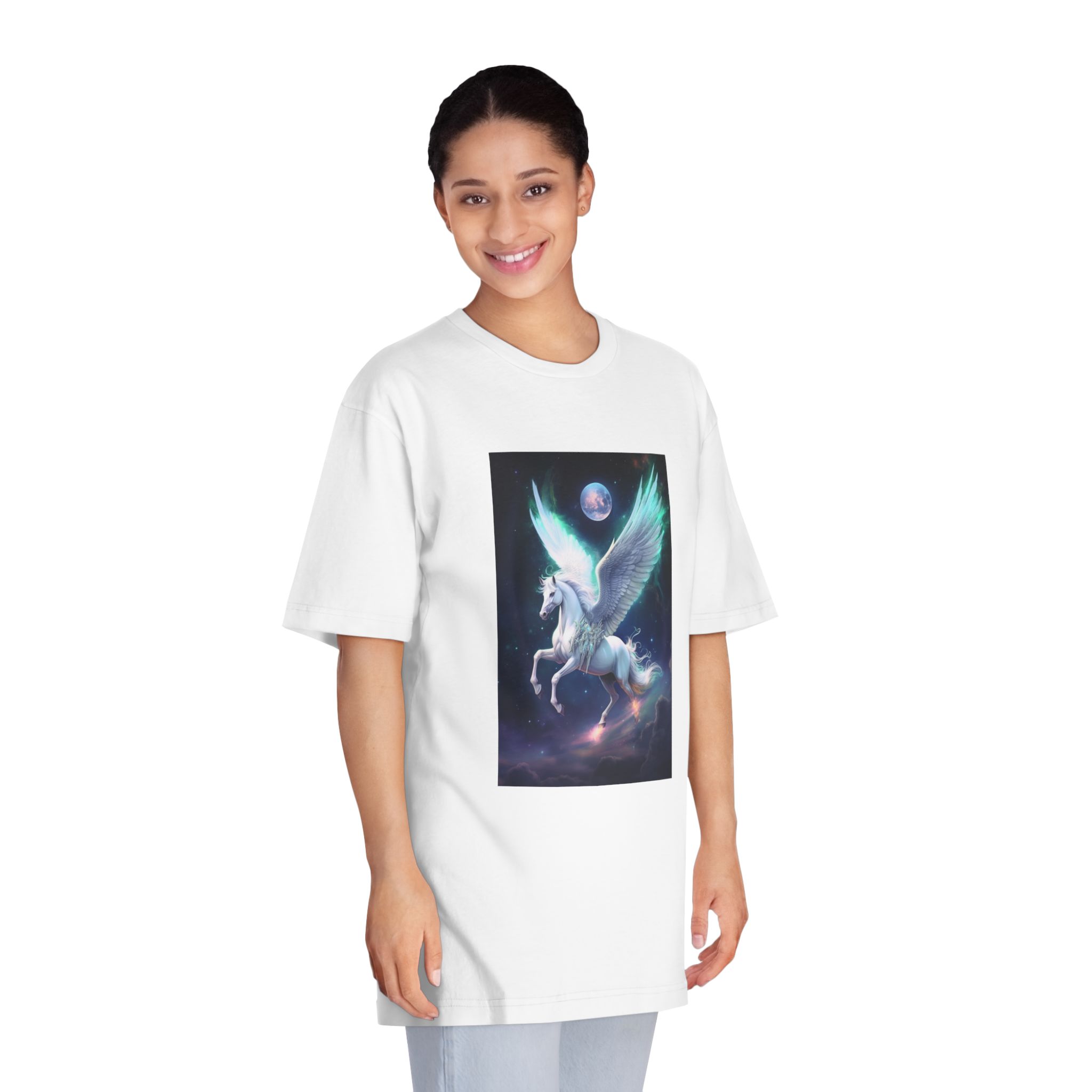 Unicorn With Wings Flying Sky With Full Moon Background Generative Ai Unisex Classic Crewneck T Shirt - Image 3