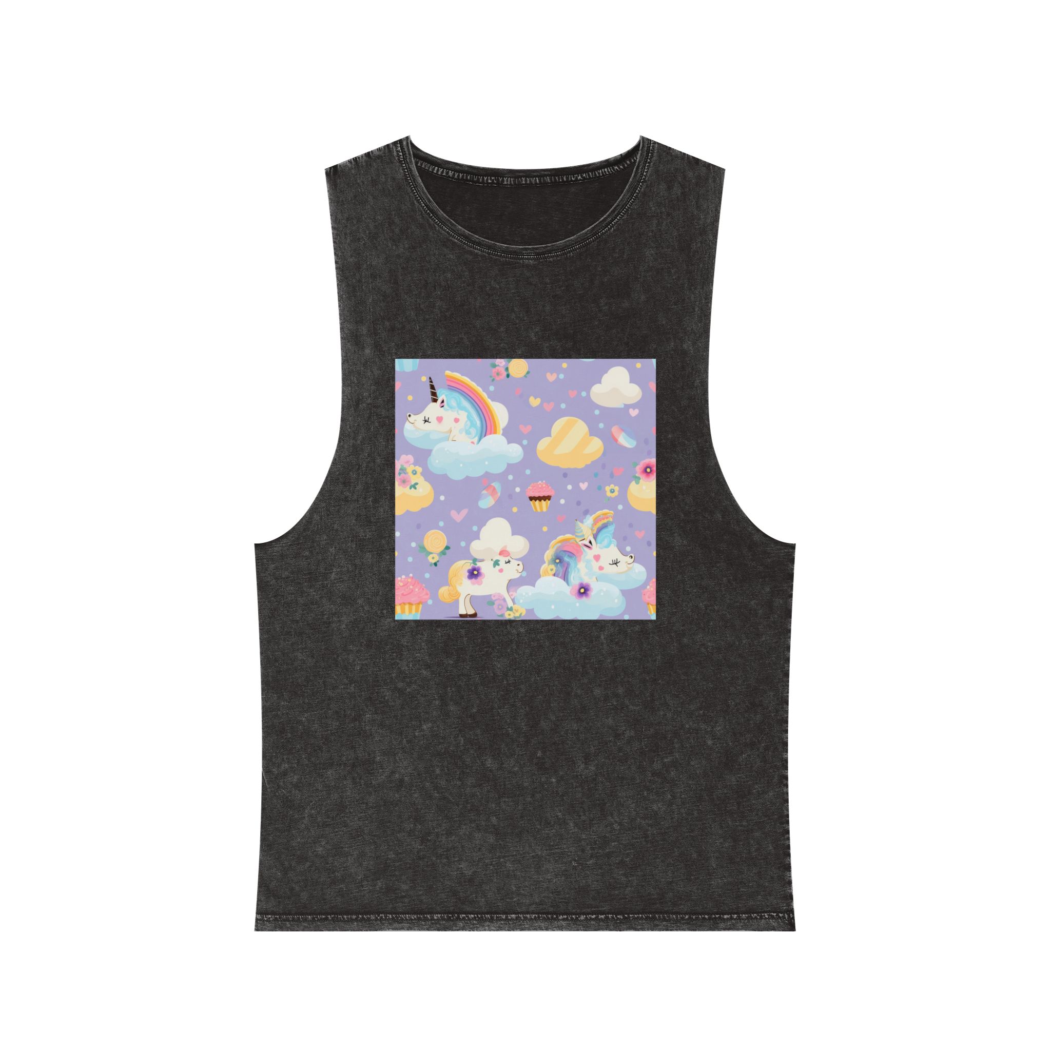 Playful Unicorns Among Flowers Clouds Rainbows Ice Creams Pastel Background (4) Unisex Stonewash Tank Top