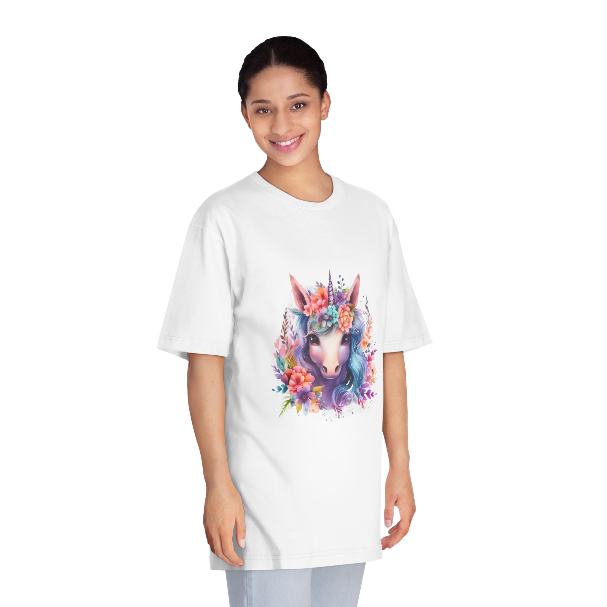 Cute Colorful Magic Unicorn With Flowers Watercolor Style (5) Unisex Classic Crewneck T Shirt - Image 3