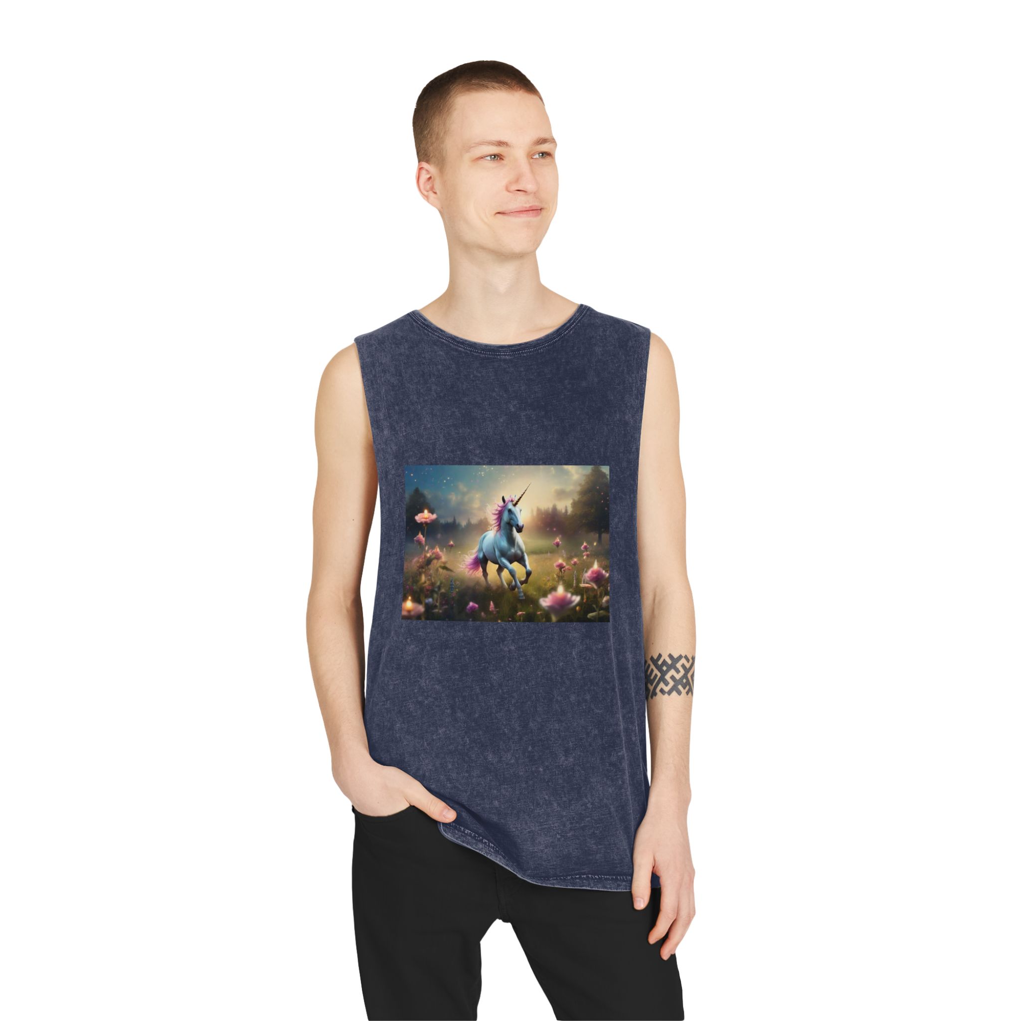Beautiful Unicorn Running Magical Meadow Unicorn Background Images Whimsical Unicorn (19) Unisex Stonewash Tank Top - Image 15