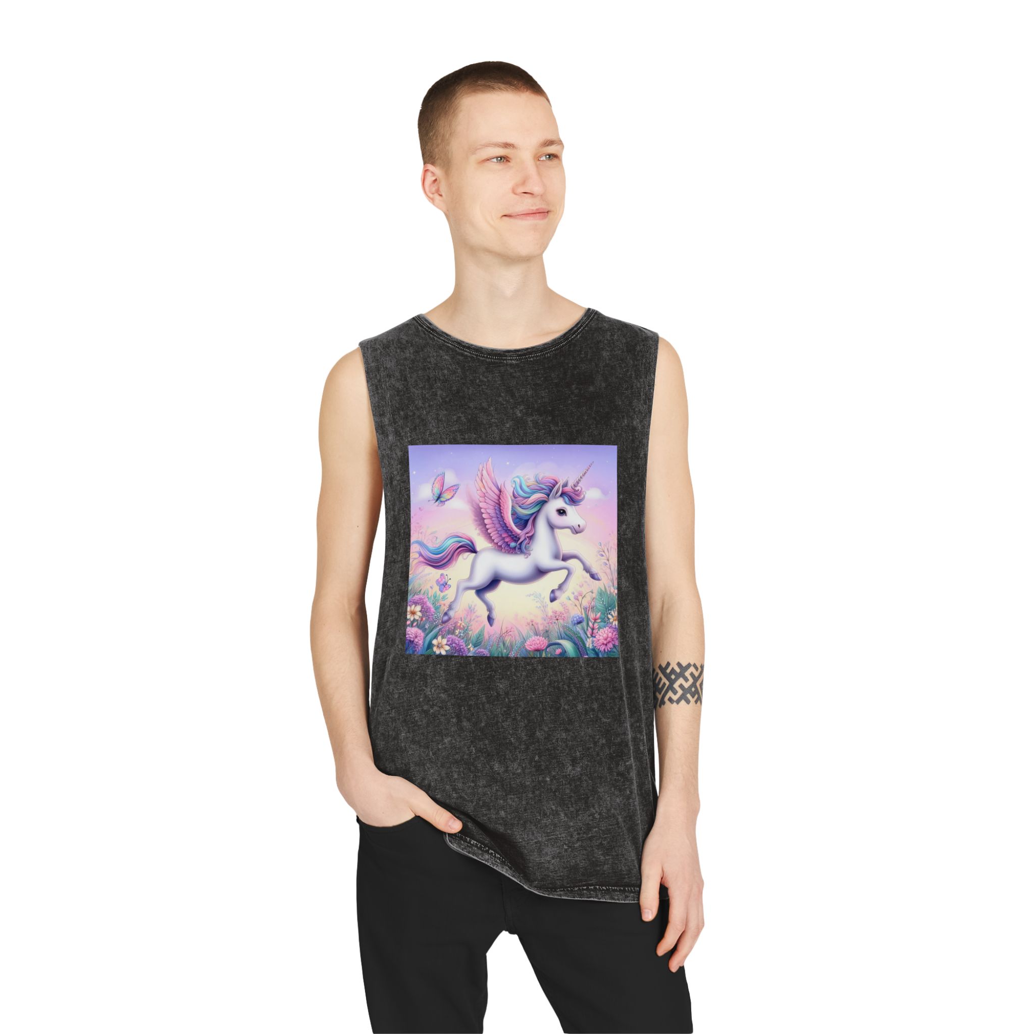 Beautiful Unicorn Running Magical Meadow Unicorn Background Images Whimsical Unicorn (1) Unisex Stonewash Tank Top - Image 3