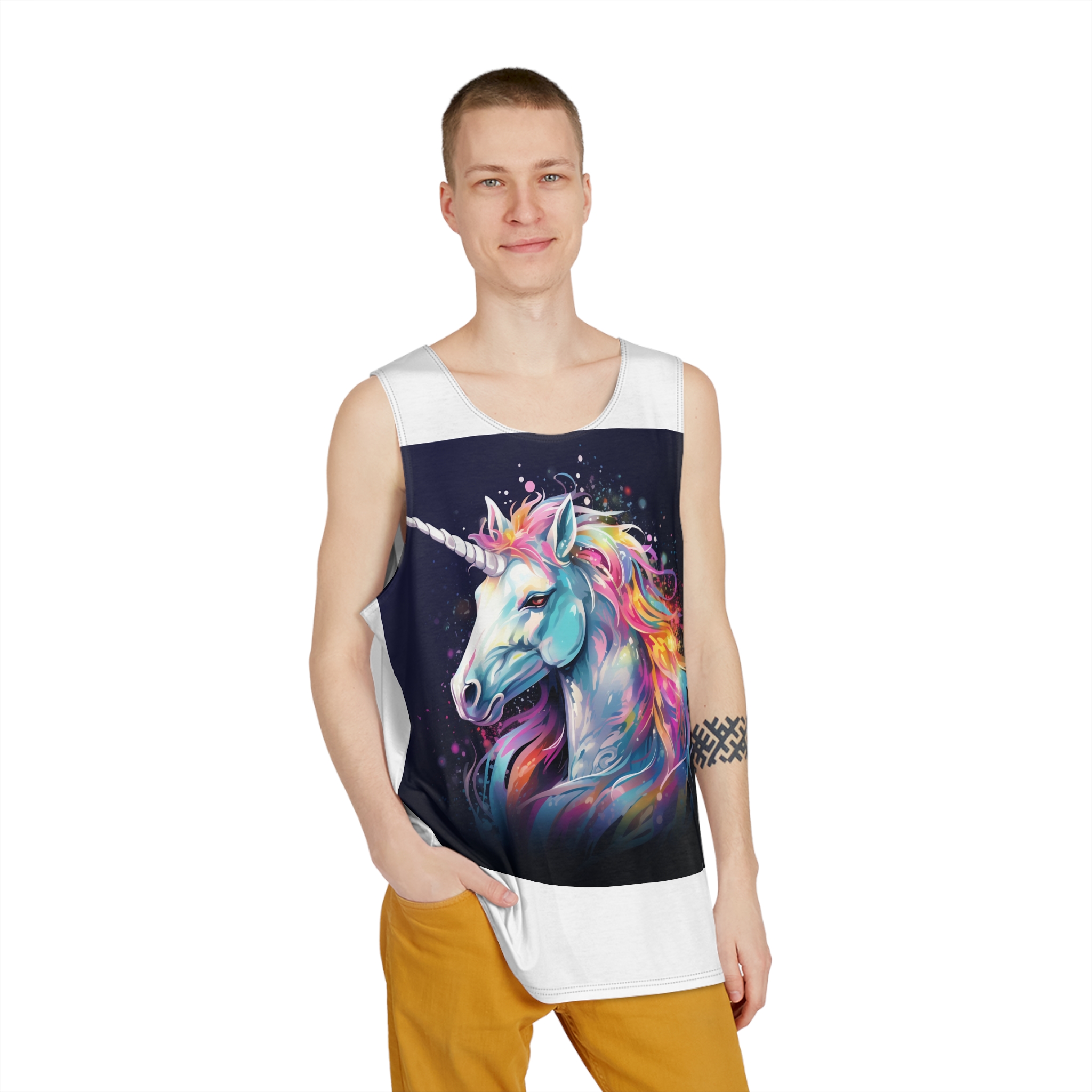 Unicorn Head Colorful Art White Background Mens Tank Aop - Image 3