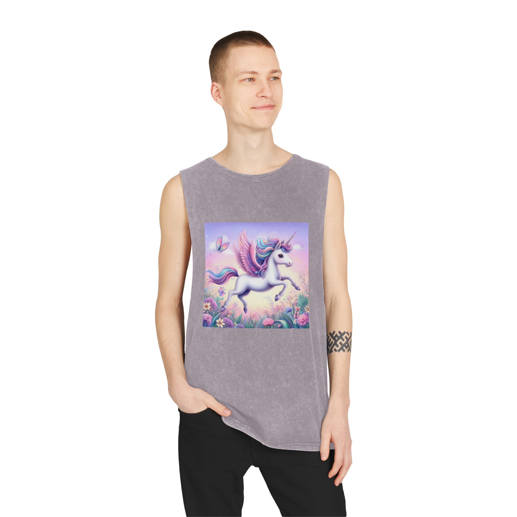 Beautiful Unicorn Running Magical Meadow Unicorn Background Images Whimsical Unicorn (41) Unisex Stonewash Tank Top - Image 19