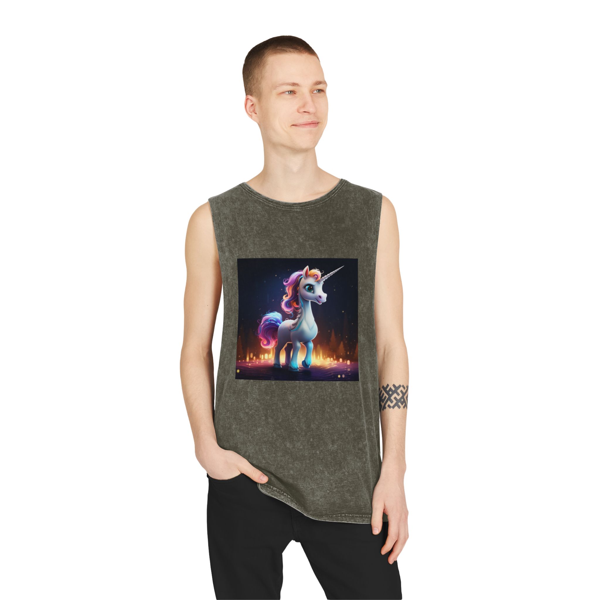 Unicorn Standing Wooden Platform With City Background Generative Ai Unisex Stonewash Tank Top - Image 7