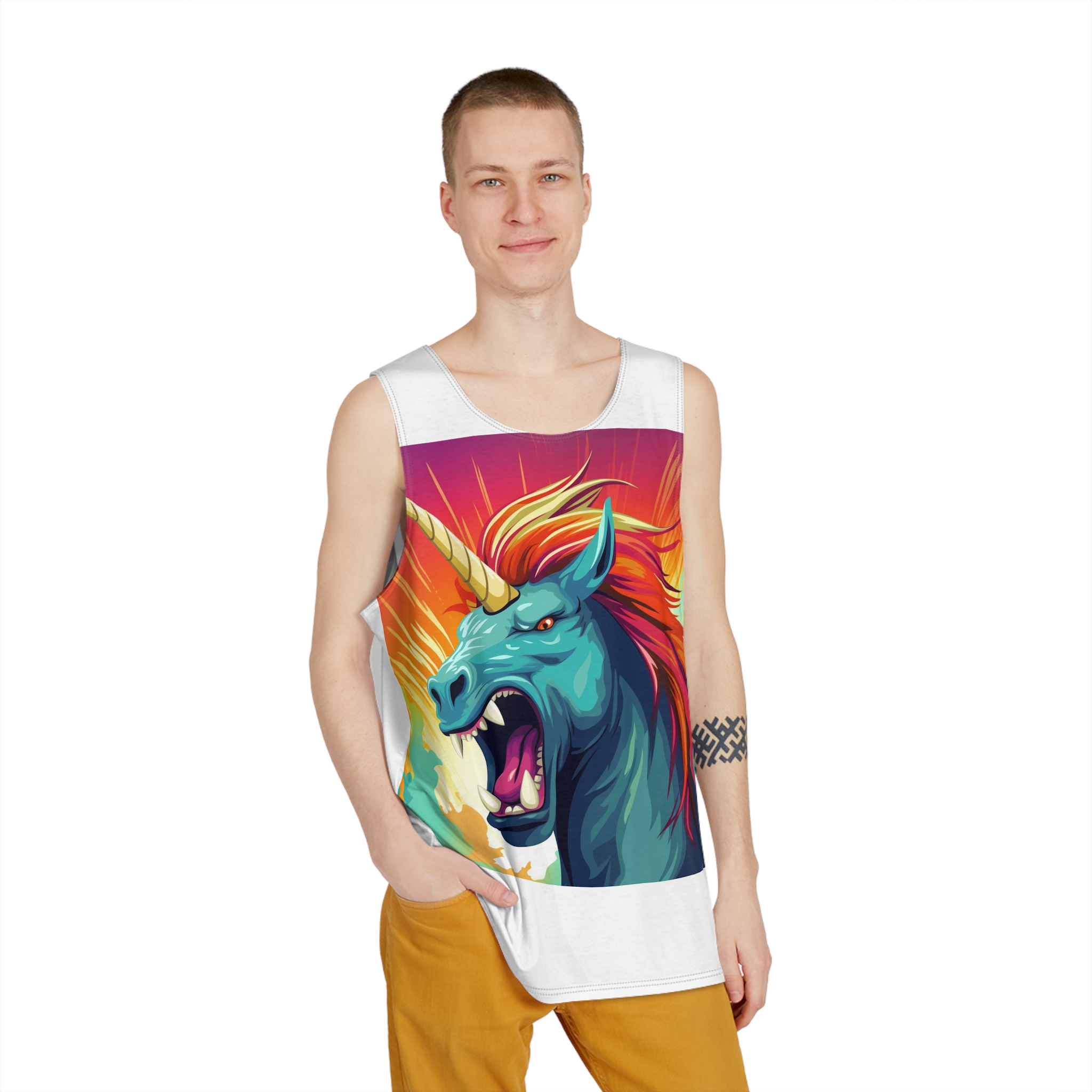 Illustration Unicorn With Colorful Mane Yellow Horn Generative Ai Mens Tank Aop - Image 3