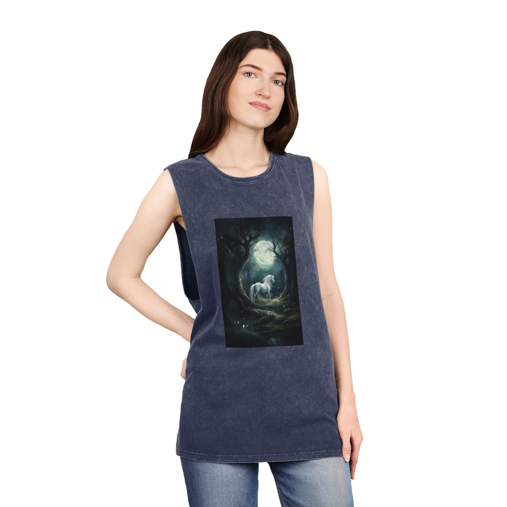 Unicorn Forest With Full Moon Background Unisex Stonewash Tank Top - Image 16