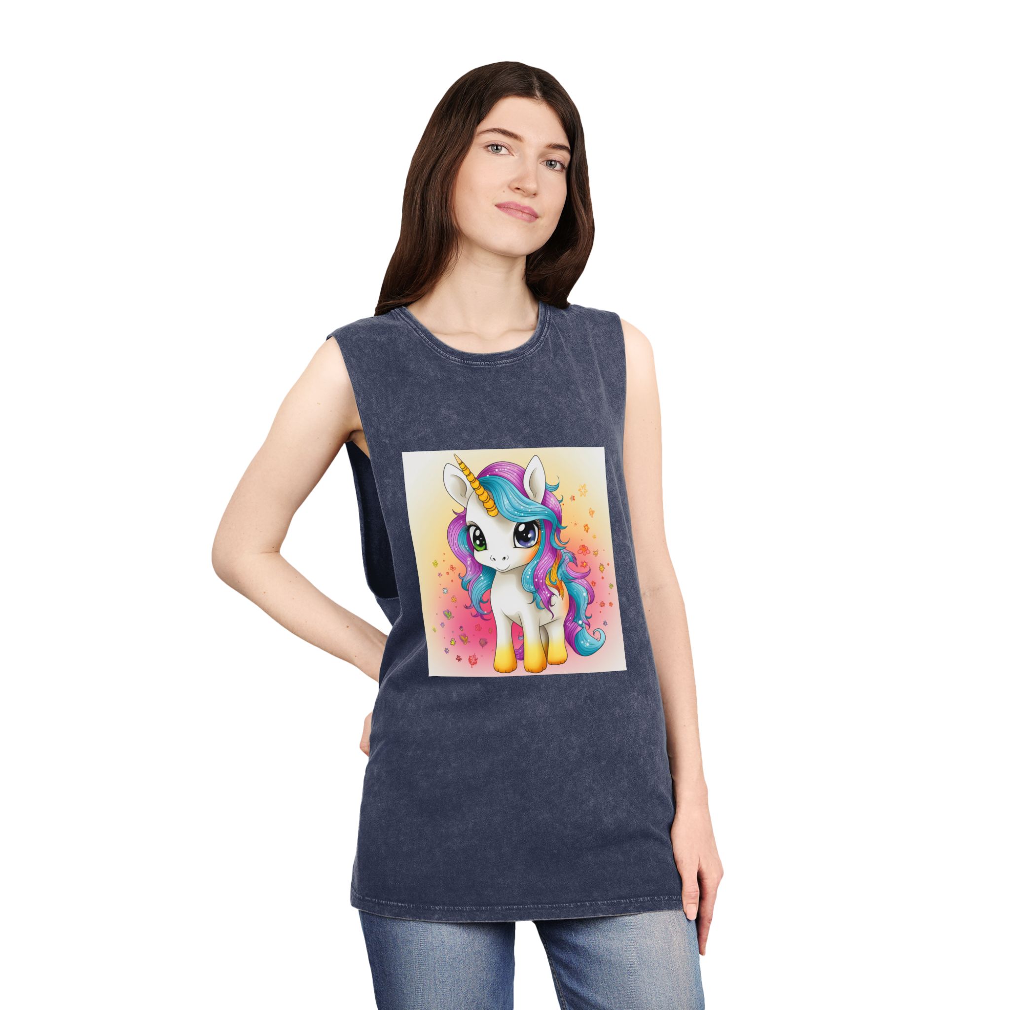 Close Up Cartoon Unicorn With Colorful Mane Generative Ai Unisex Stonewash Tank Top - Image 16