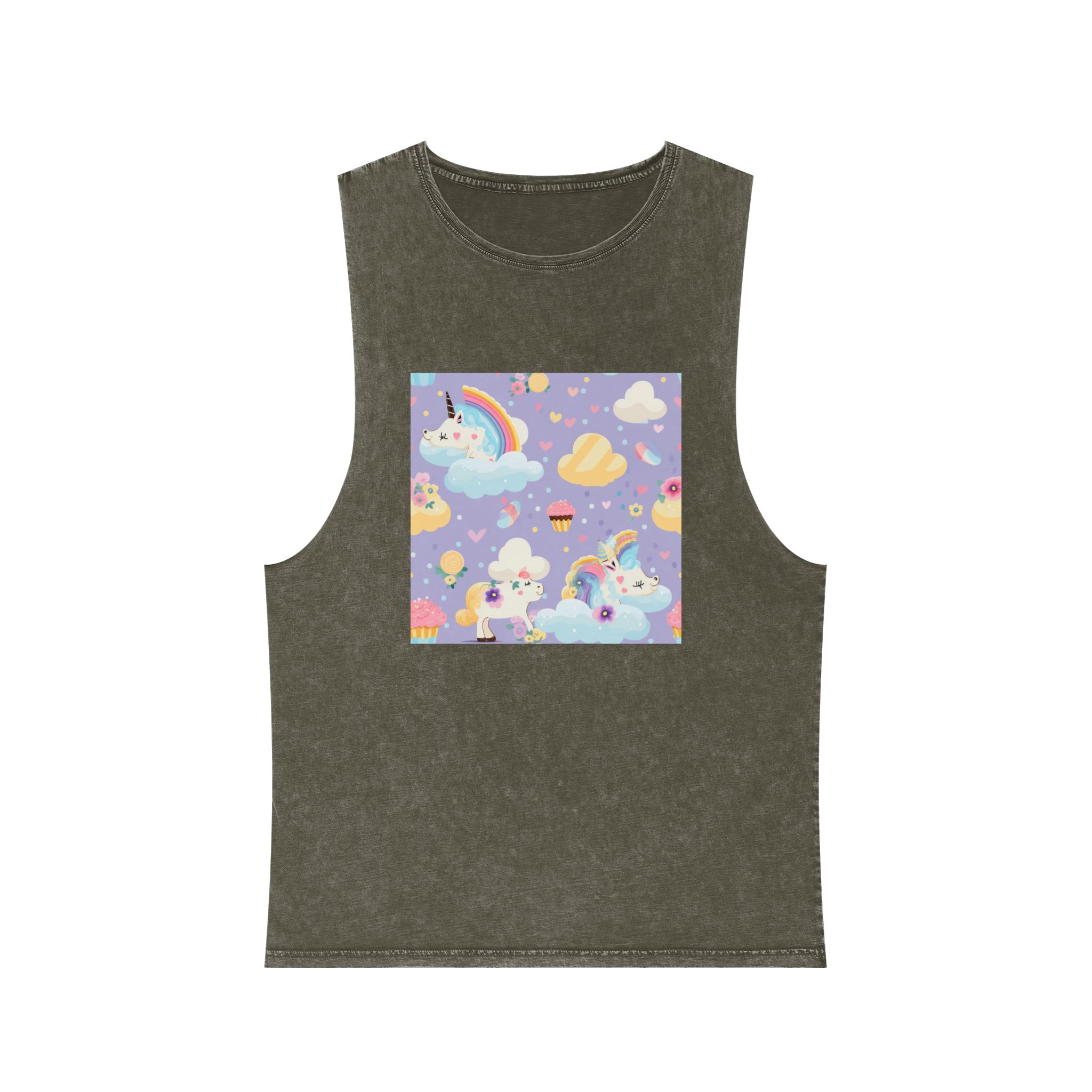 Playful Unicorns Among Flowers Clouds Rainbows Ice Creams Pastel Background (4) Unisex Stonewash Tank Top - Image 5