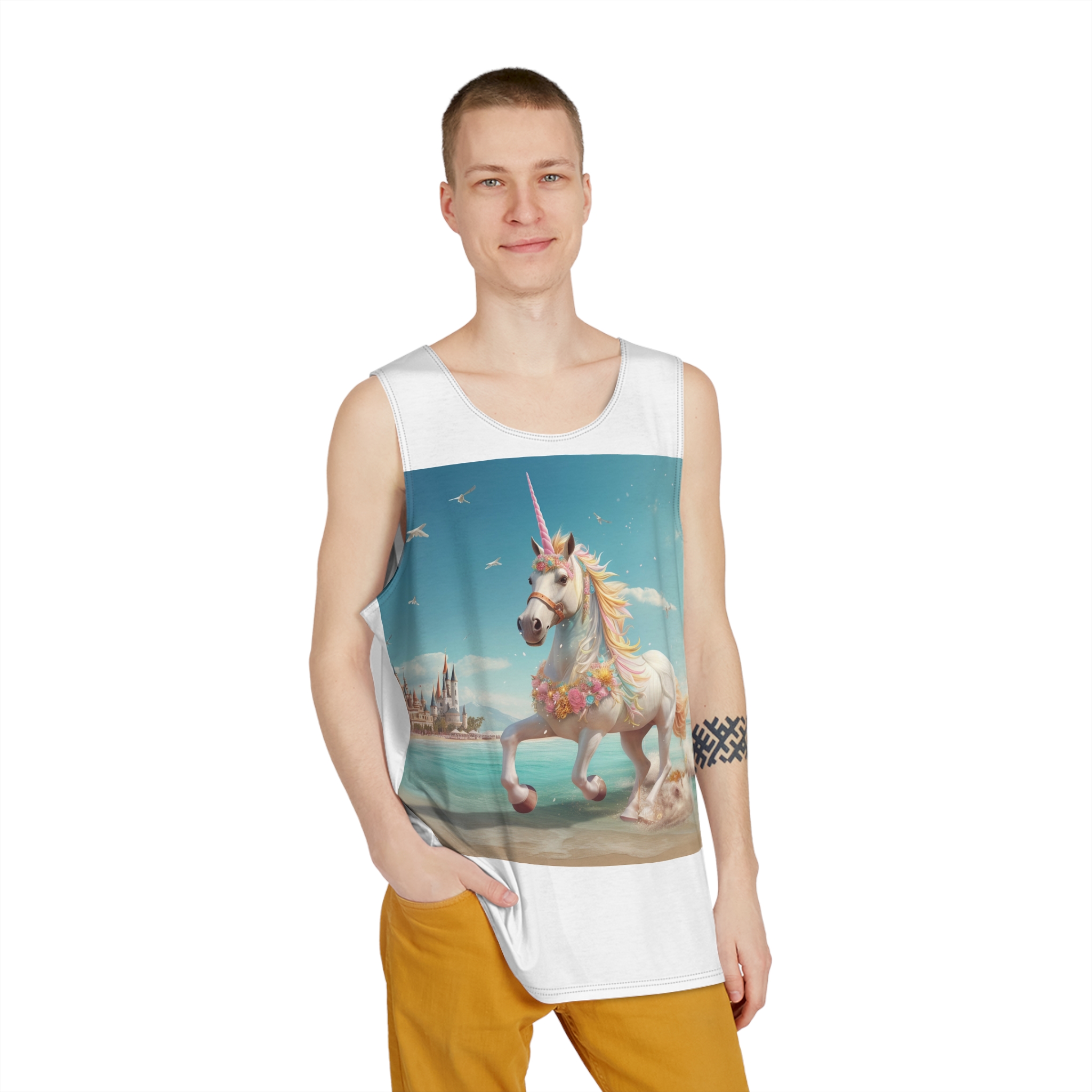 There Is Unicorn Running Beach With Castle Background Generative Ai Mens Tank Aop - Image 3