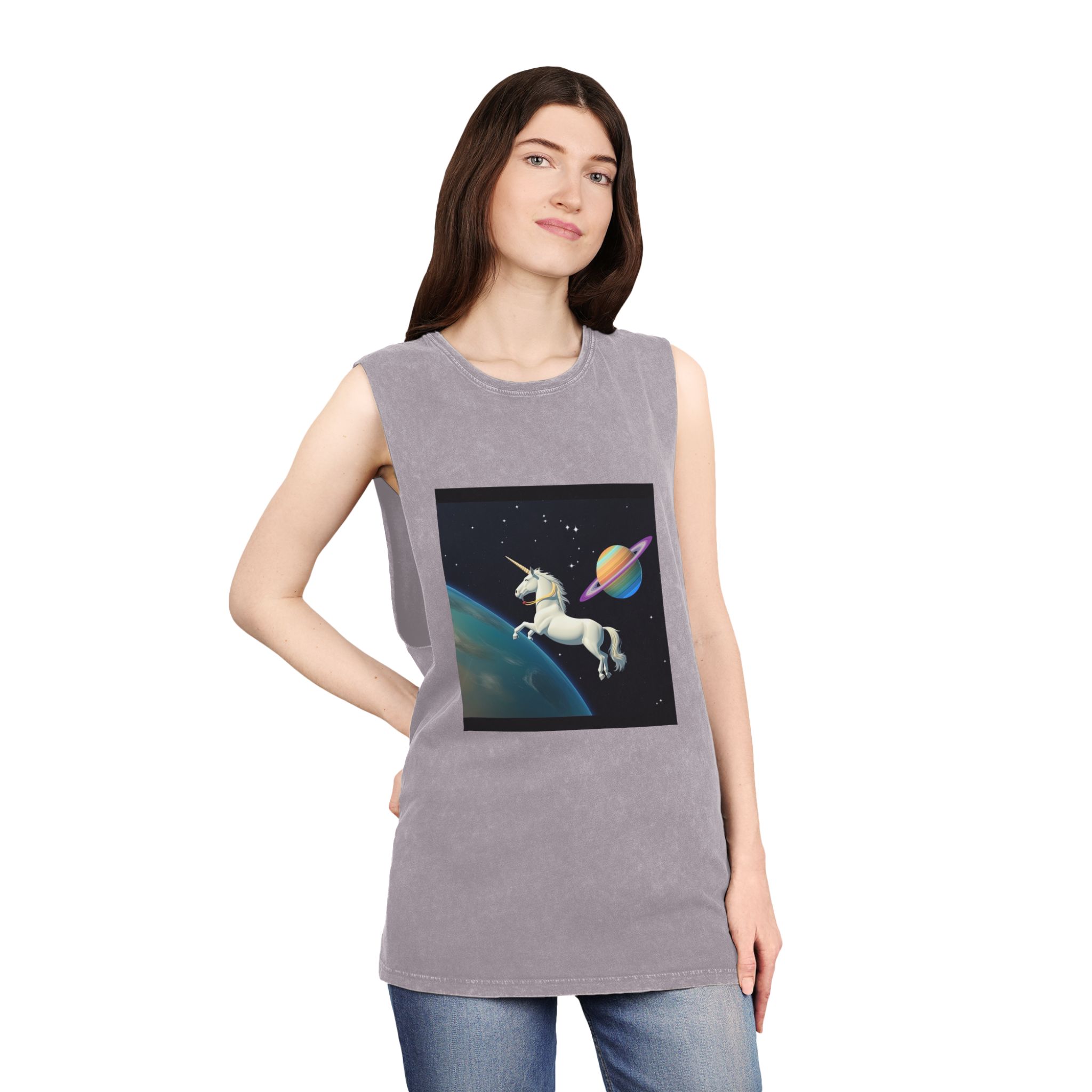 Picture White Unicorn With Rainbow It Unisex Stonewash Tank Top - Image 20