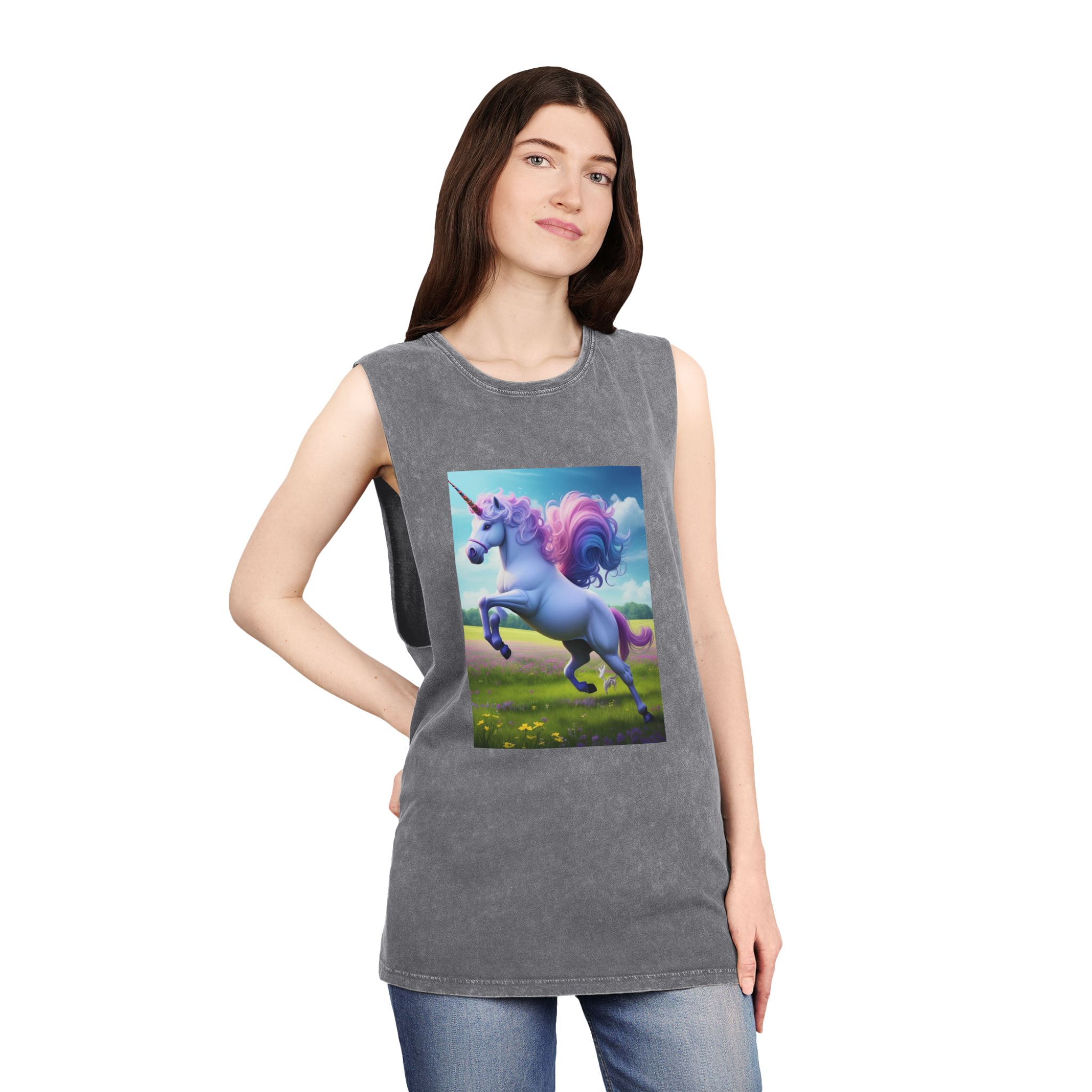 Beautiful Unicorn Running Magical Meadow Unicorn Background Images Whimsical Unicorn (26) Unisex Stonewash Tank Top - Image 12