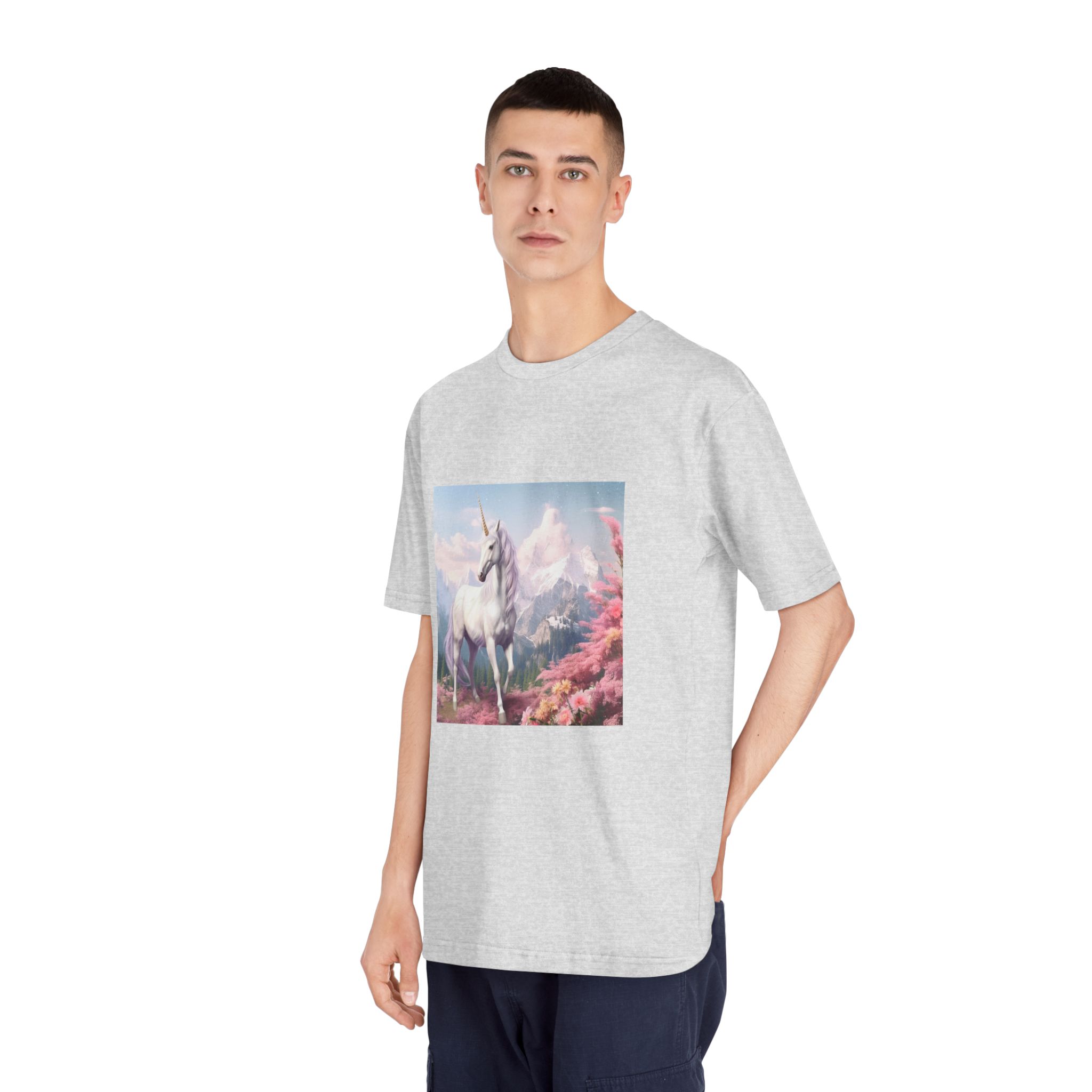 Unicorn Standing Field Flowers With Mountains Background Generative Ai Unisex Classic Crewneck T Shirt - Image 16