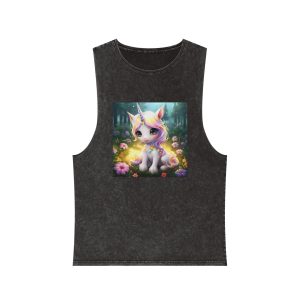 Unicorn Sitting Grass With Flowers Trees Background Generative Ai Unisex Stonewash Tank Top
