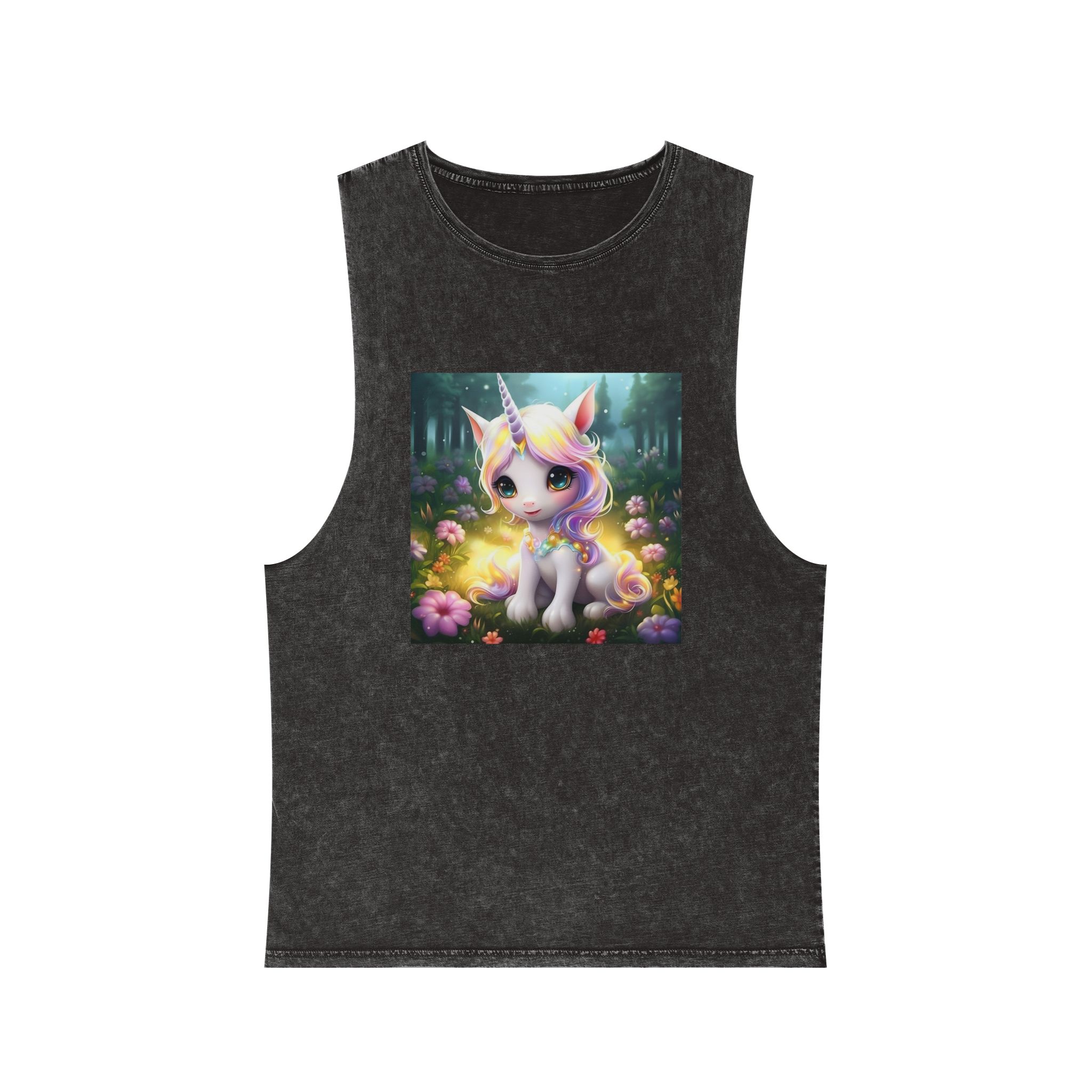 Unicorn Sitting Grass With Flowers Trees Background Generative Ai Unisex Stonewash Tank Top