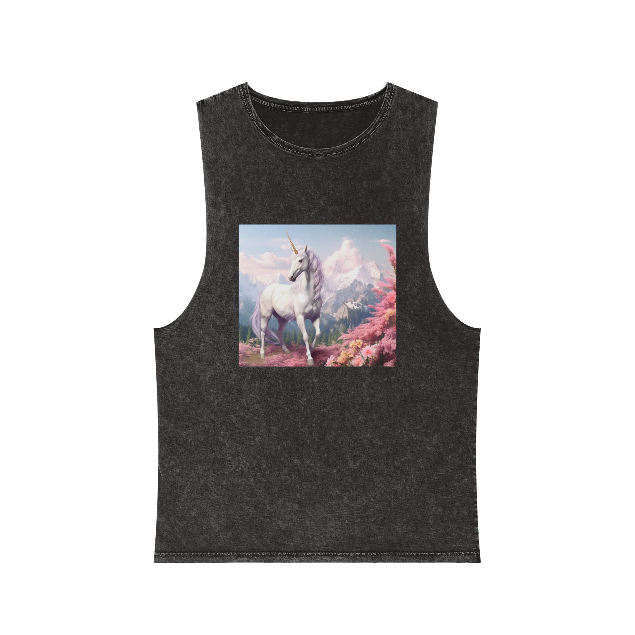 Unicorn Standing Field Flowers With Mountains Background Generative Ai Unisex Stonewash Tank Top