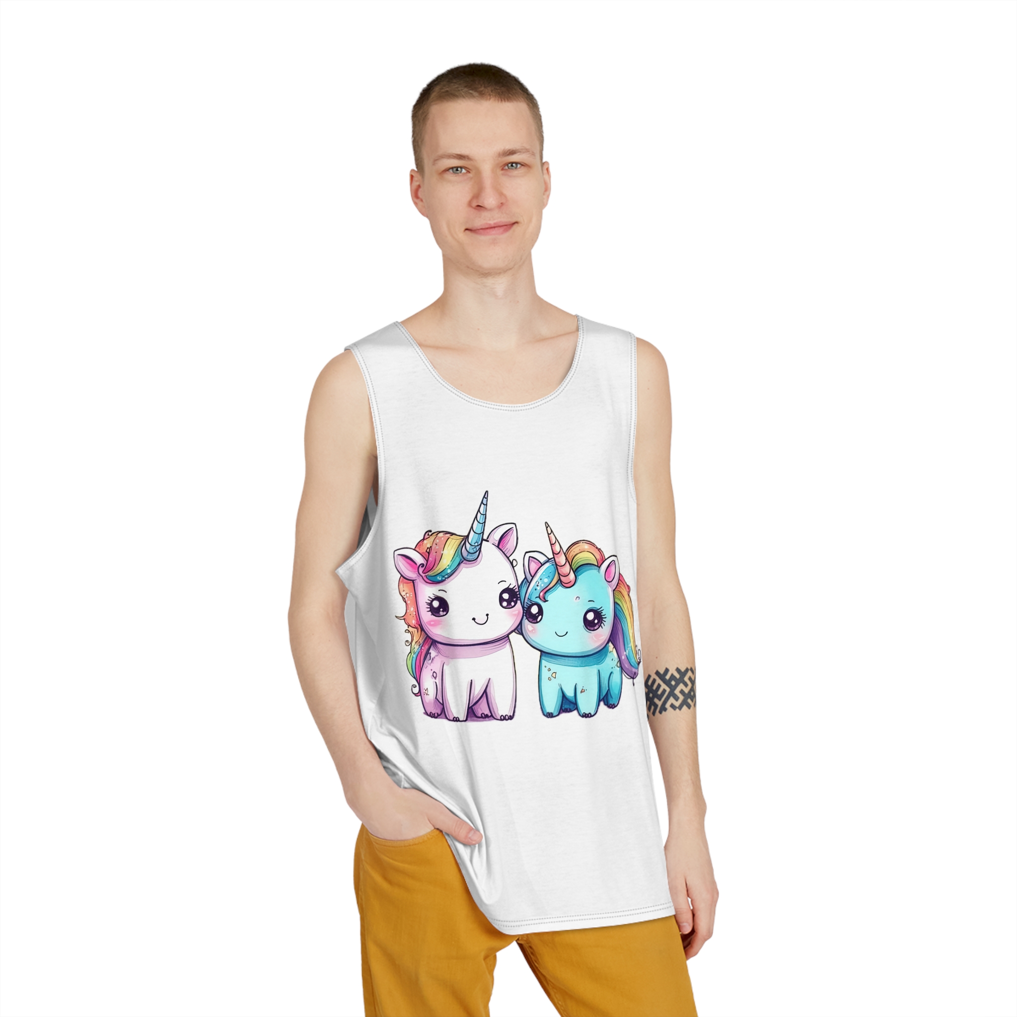 Pair Adorable Light Blue Pink Unicorns Isolated Rainbow Colors Background Mens Tank Aop - Image 3