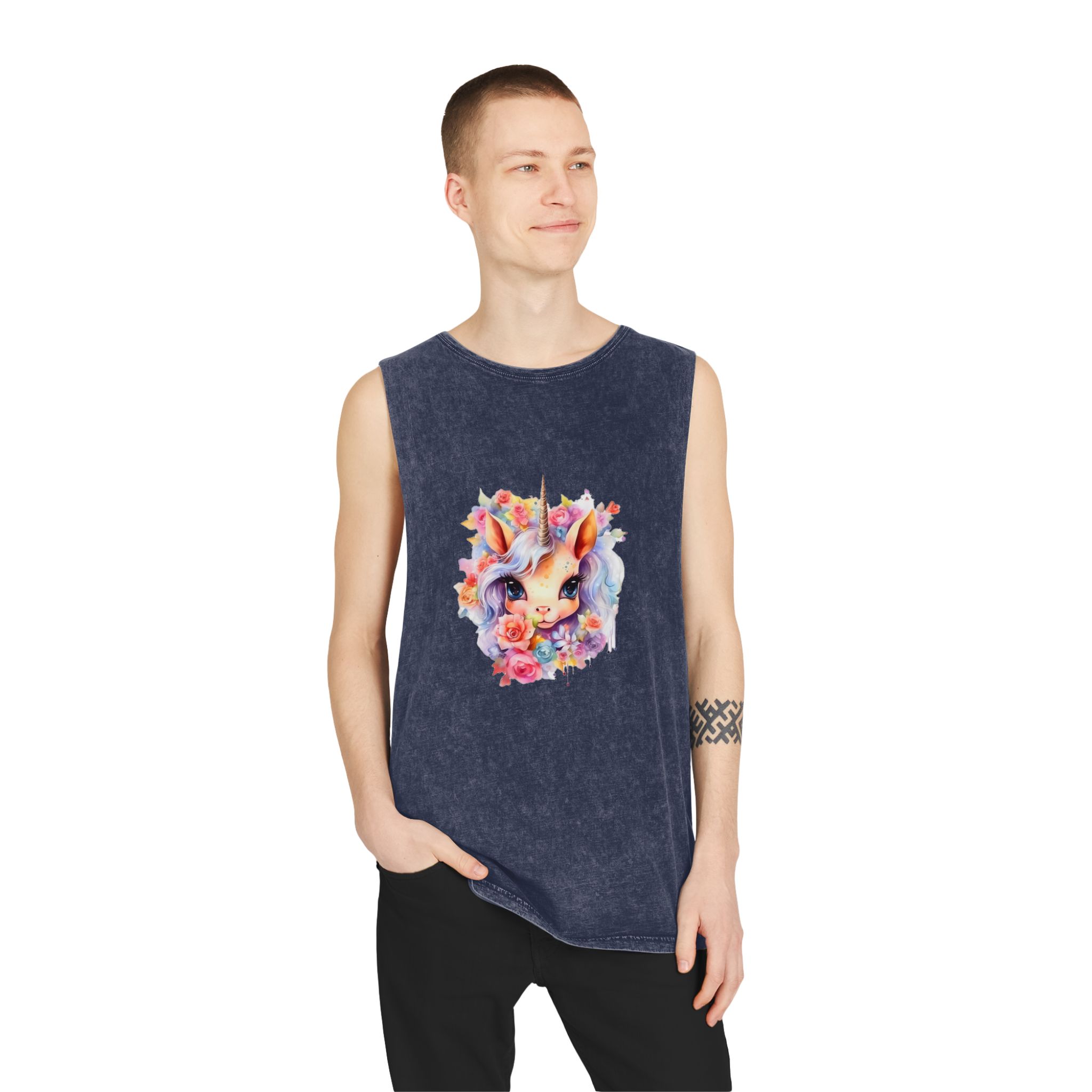 Cute Colorful Magic Unicorn With Flowers Watercolor Style (4) Copy Unisex Stonewash Tank Top - Image 15