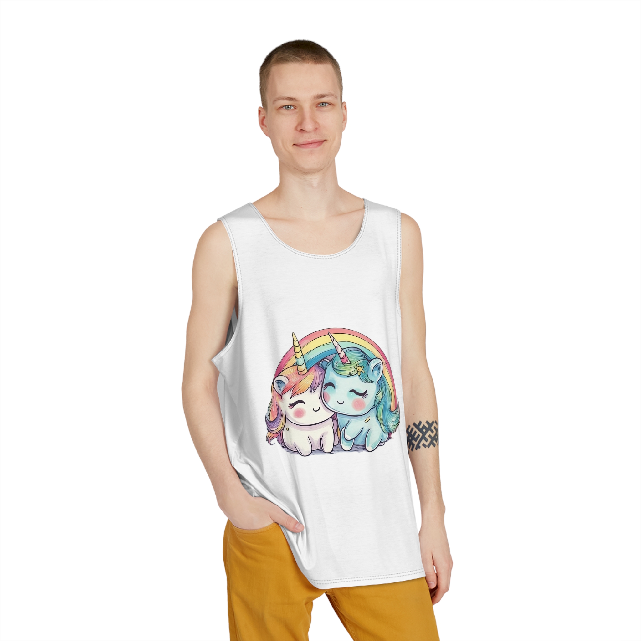 Pair Adorable Light Blue Pink Unicorns Isolated Rainbow Colors Background (1) Mens Tank Aop - Image 3
