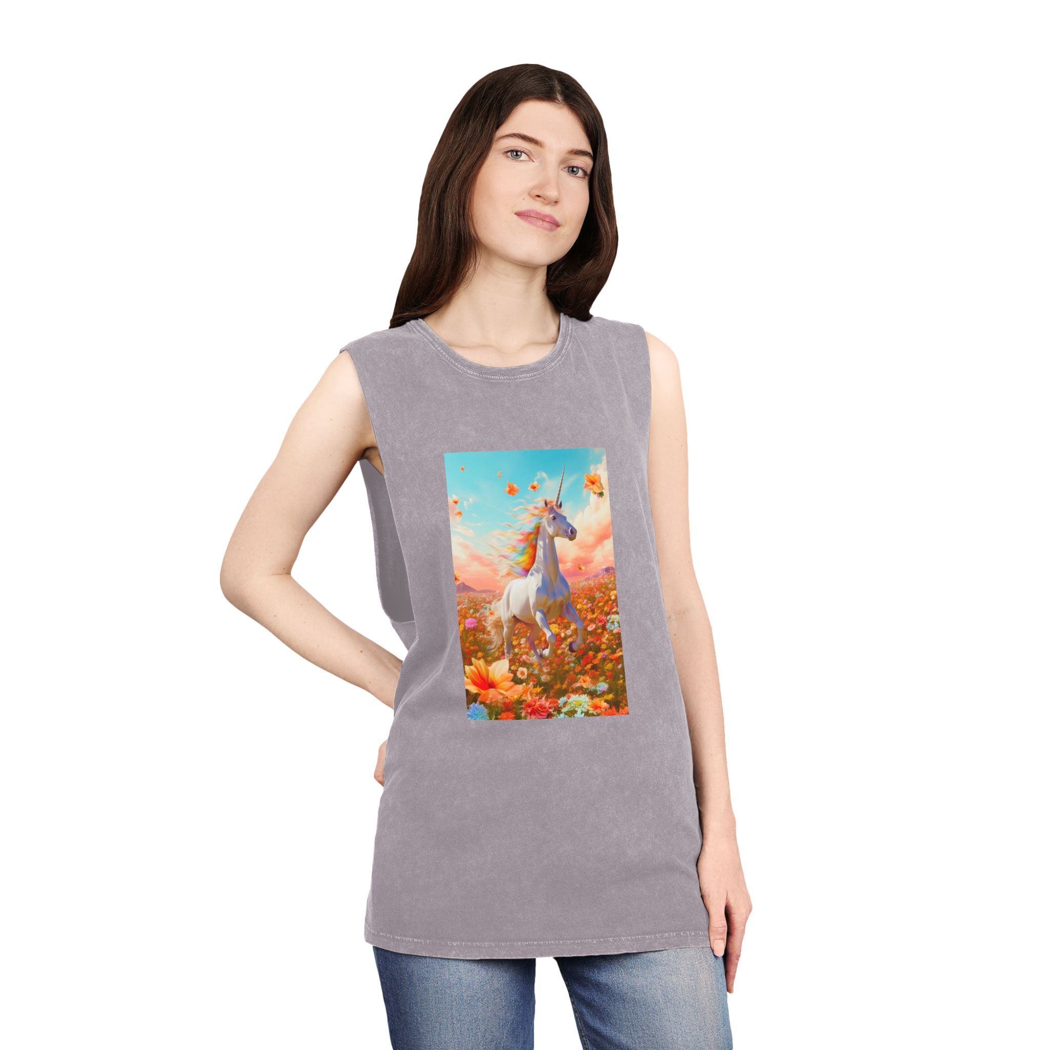 Image White Unicorn Running Through Field Wildflowers Generative Ai Unisex Stonewash Tank Top - Image 20