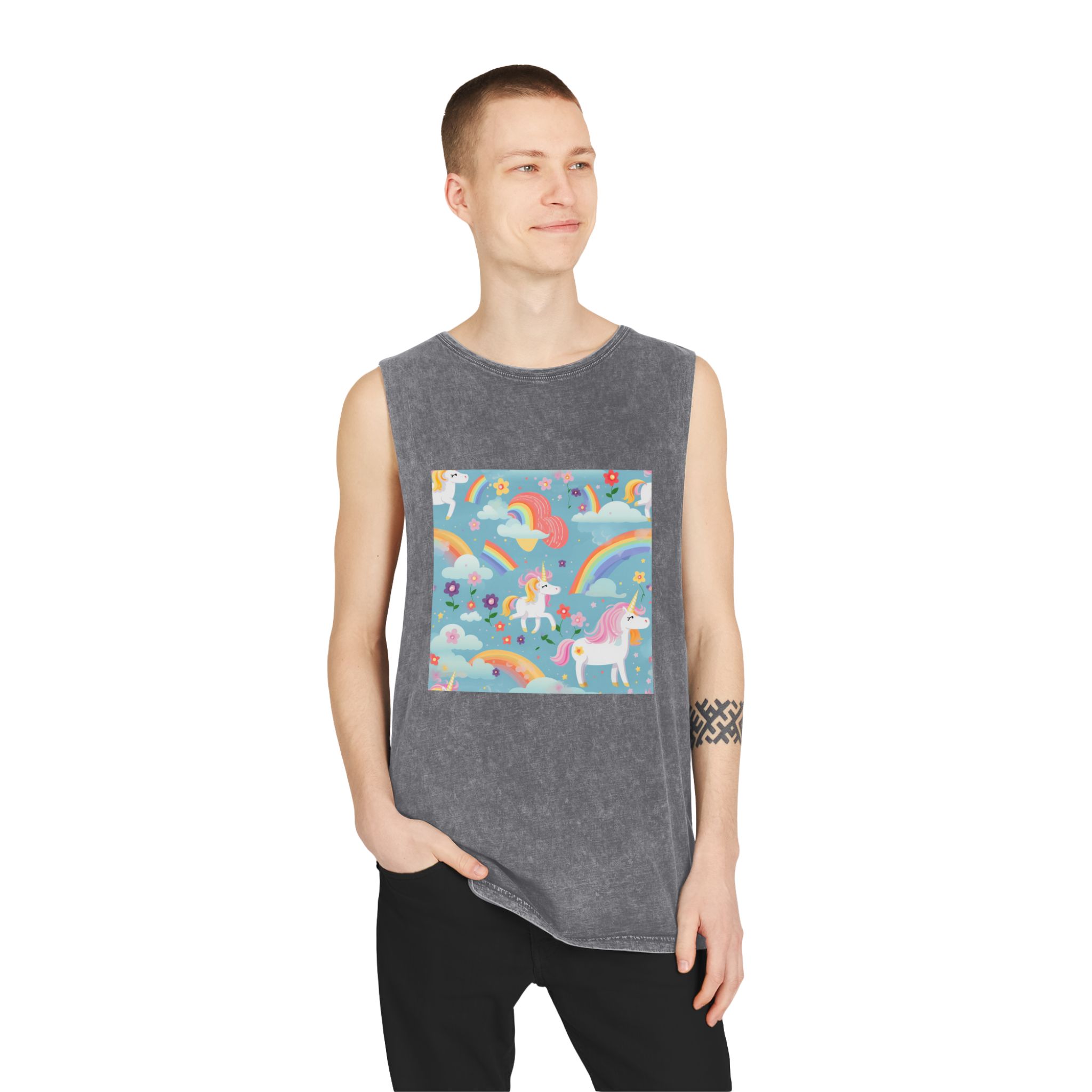 Playful Unicorns Among Flowers Clouds Rainbows Ice Creams Pastel Background (9) Unisex Stonewash Tank Top - Image 11