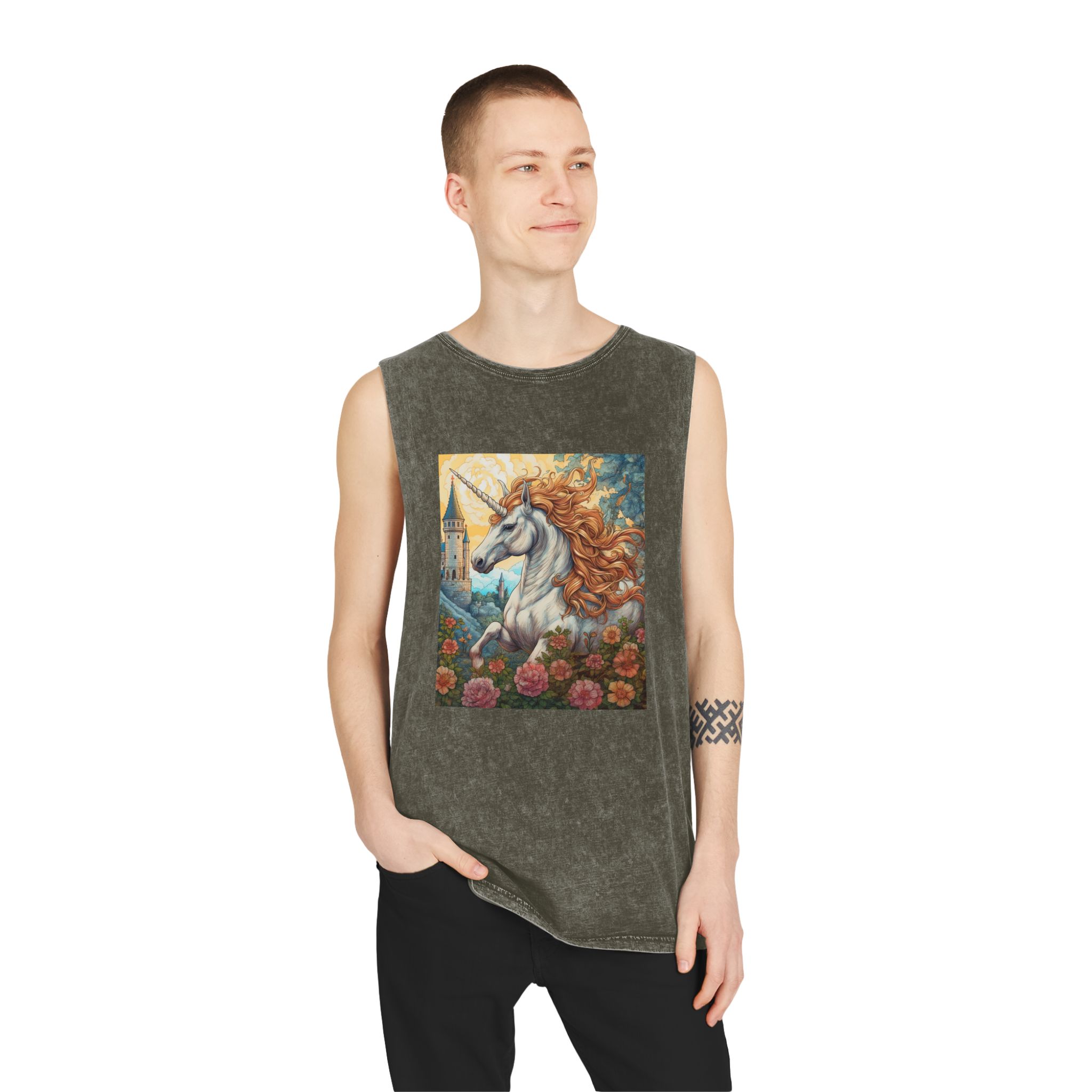 Painting Unicorn With Long Mane Castle Background Generative Ai Unisex Stonewash Tank Top - Image 7