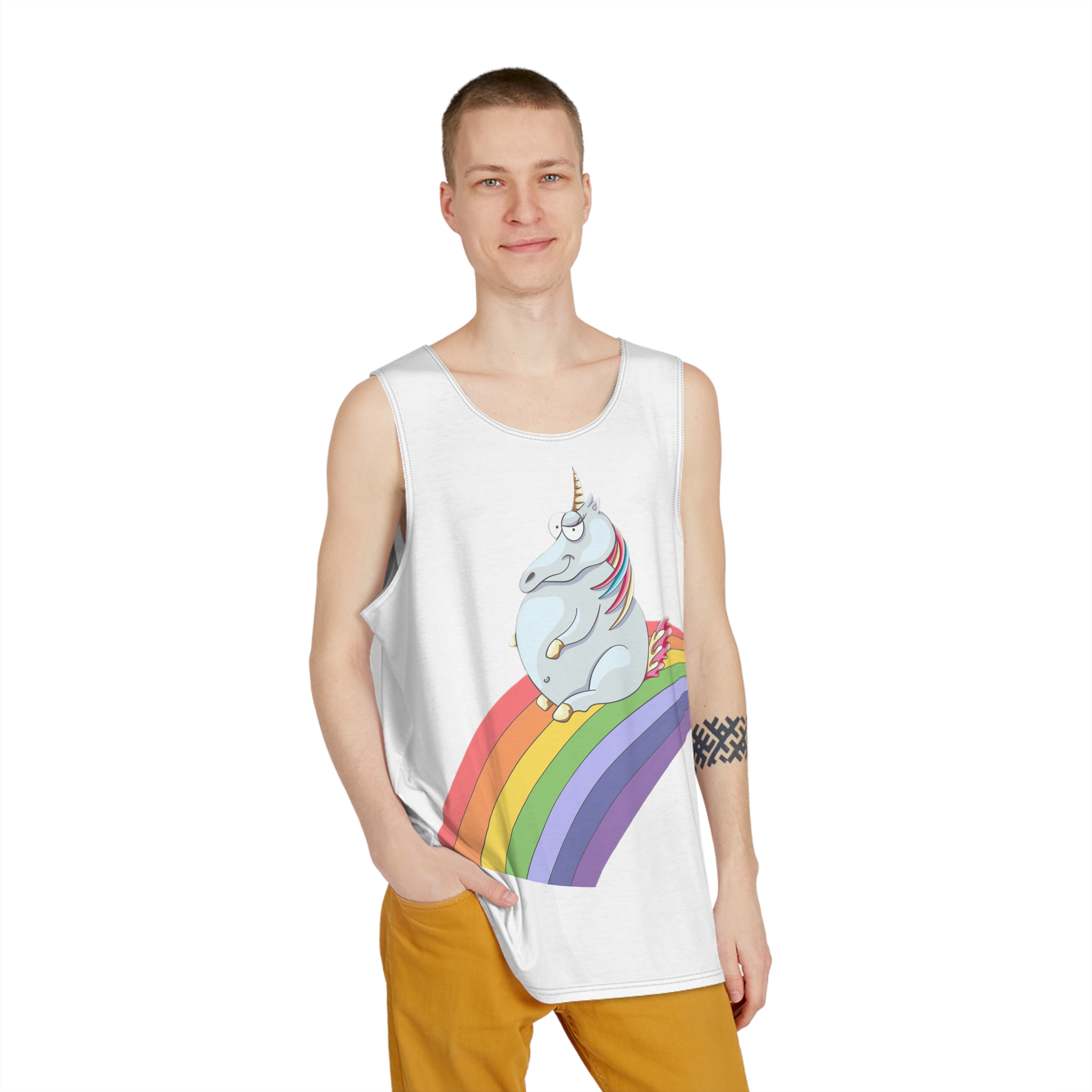 Unicorn and Rainbow Childrens Tale Magic Art Flat Mens Tank Aop - Image 3