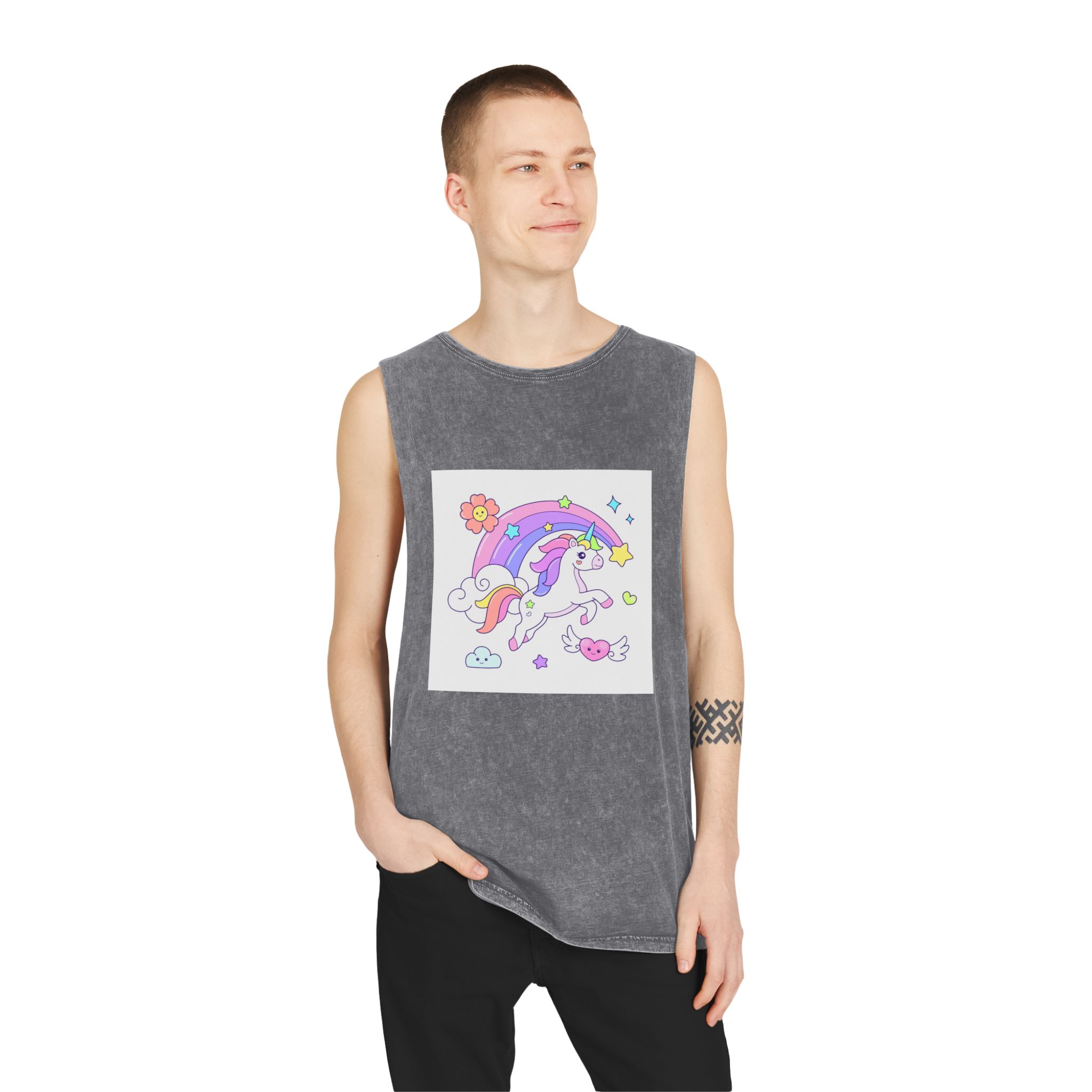 Cute Unicorn Flying Over the Rainbow Illustration Unisex Stonewash Tank Top - Image 11