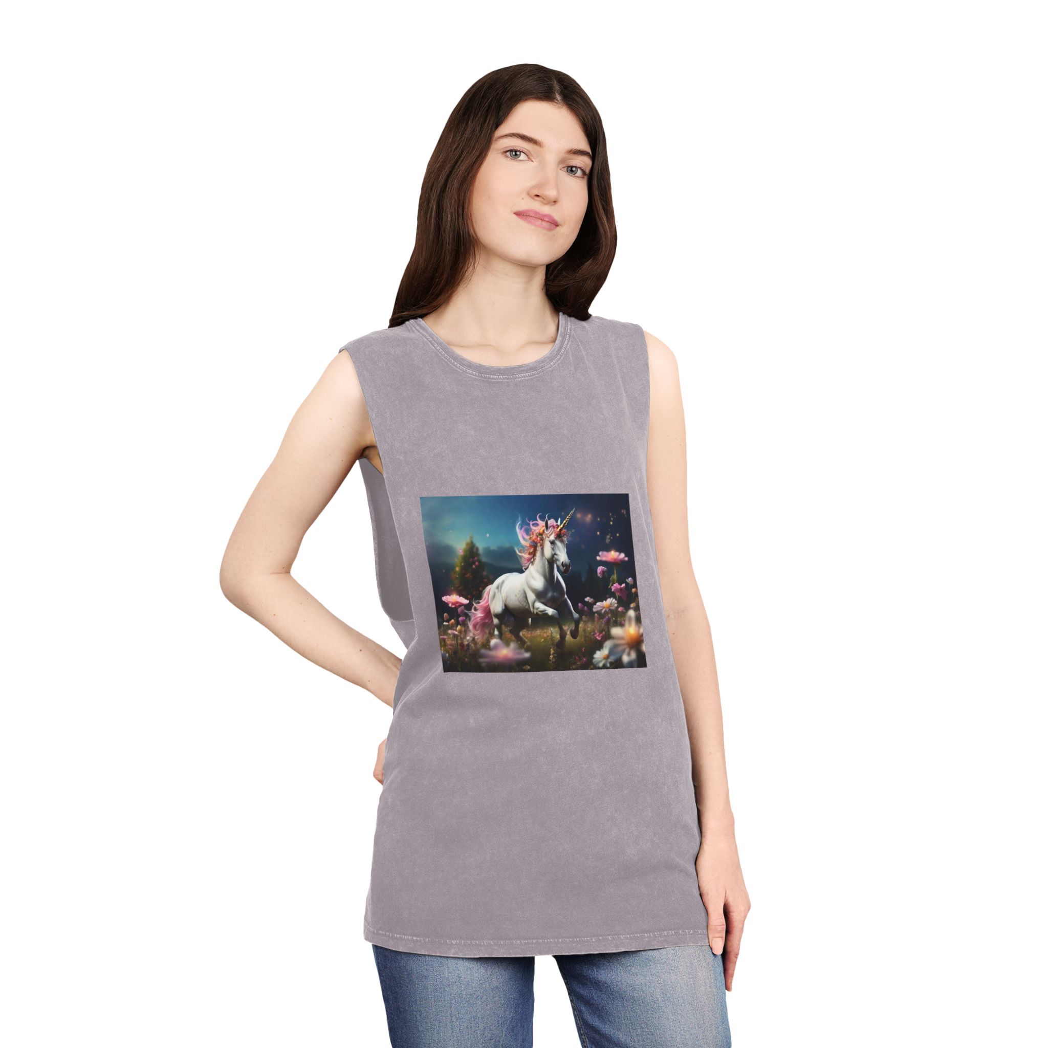 Beautiful Unicorn Running Magical Meadow Unicorn Background Images Whimsical Unicorn (23) Unisex Stonewash Tank Top - Image 20