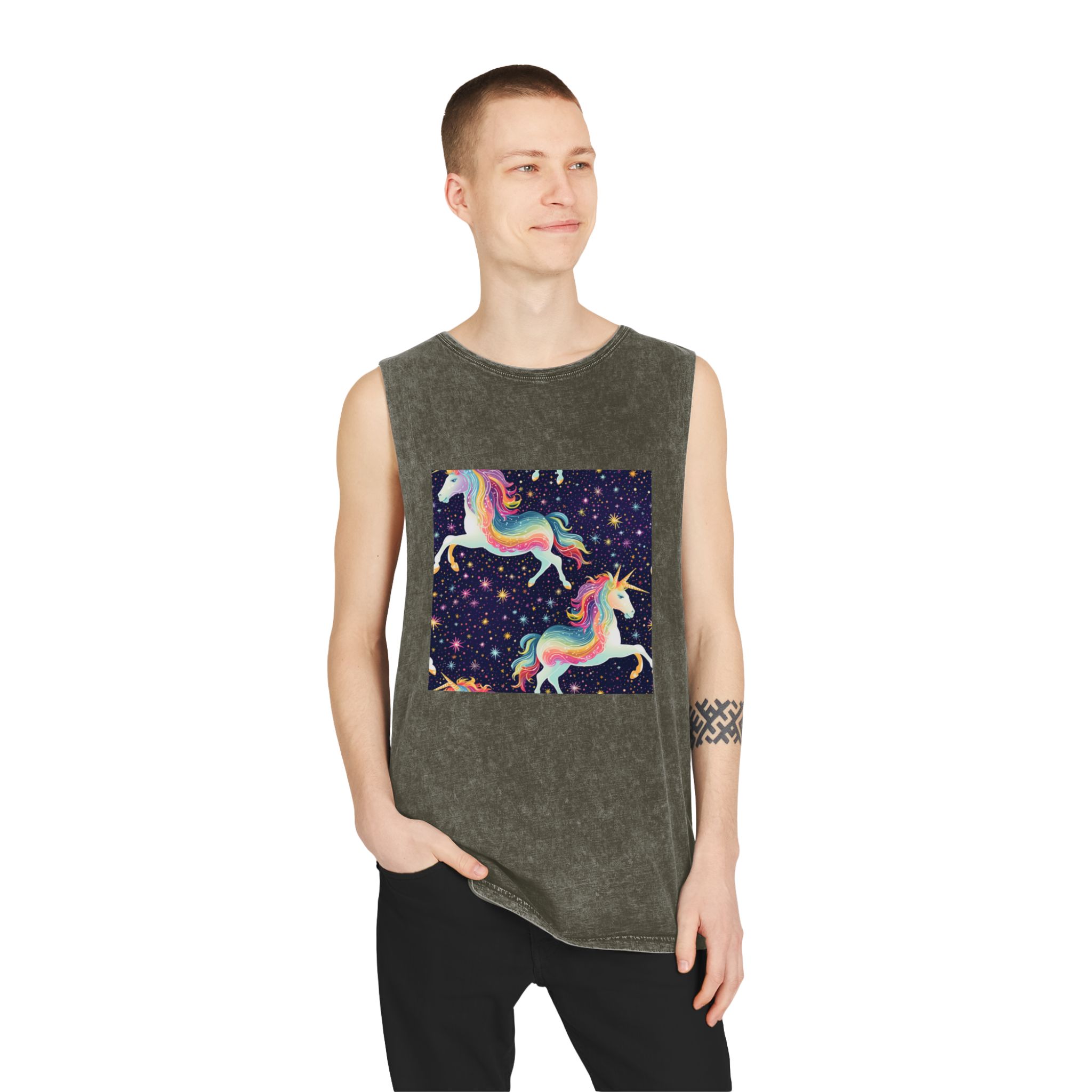 Seamless Pattern With Unicorns Stars Dark Background Generative Ai Unisex Stonewash Tank Top - Image 7