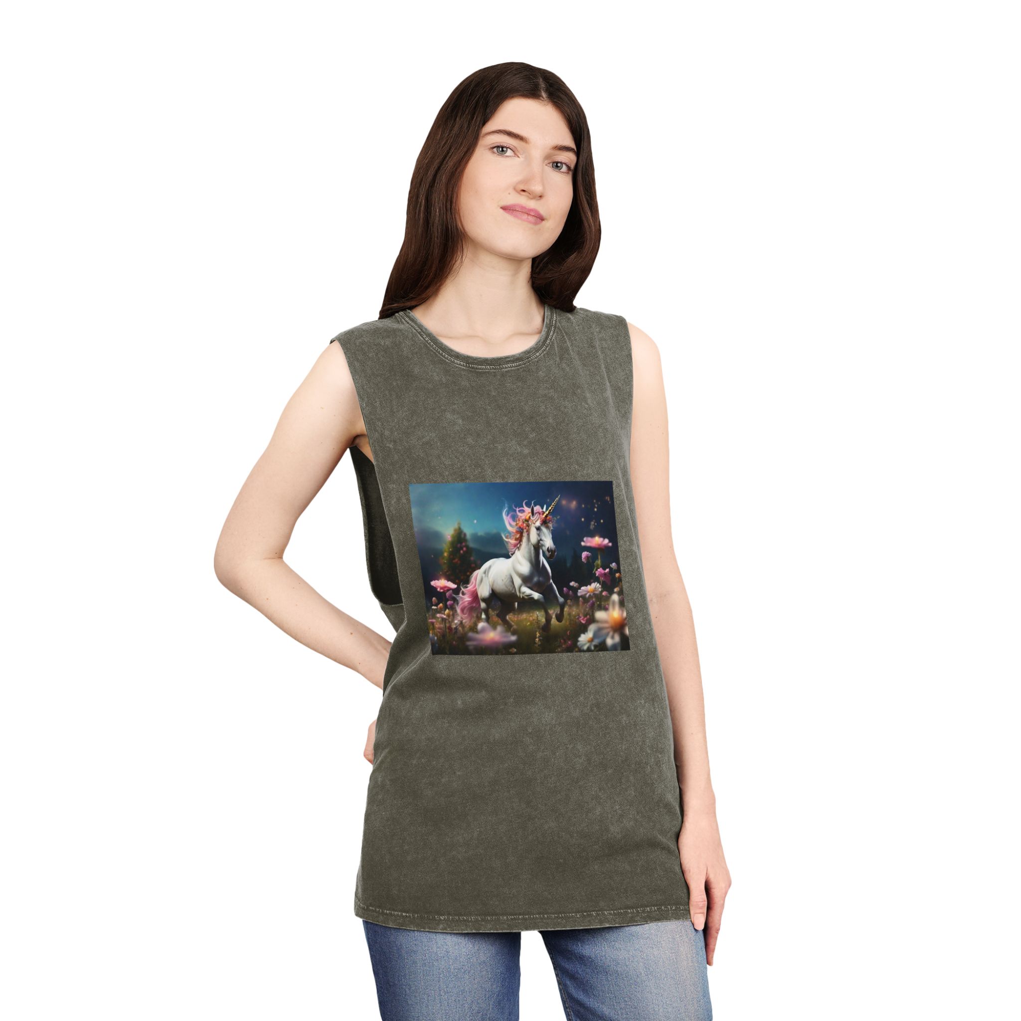Beautiful Unicorn Running Magical Meadow Unicorn Background Images Whimsical Unicorn (23) Unisex Stonewash Tank Top - Image 8