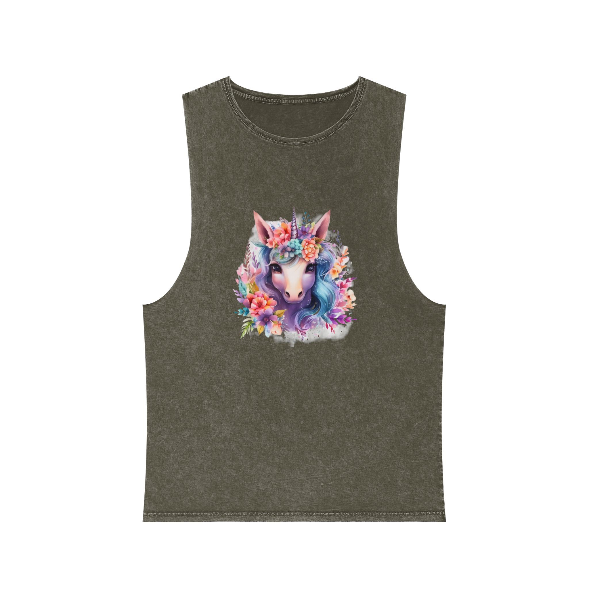 Cute Colorful Magic Unicorn With Flowers Watercolor Style (5) Unisex Stonewash Tank Top - Image 5