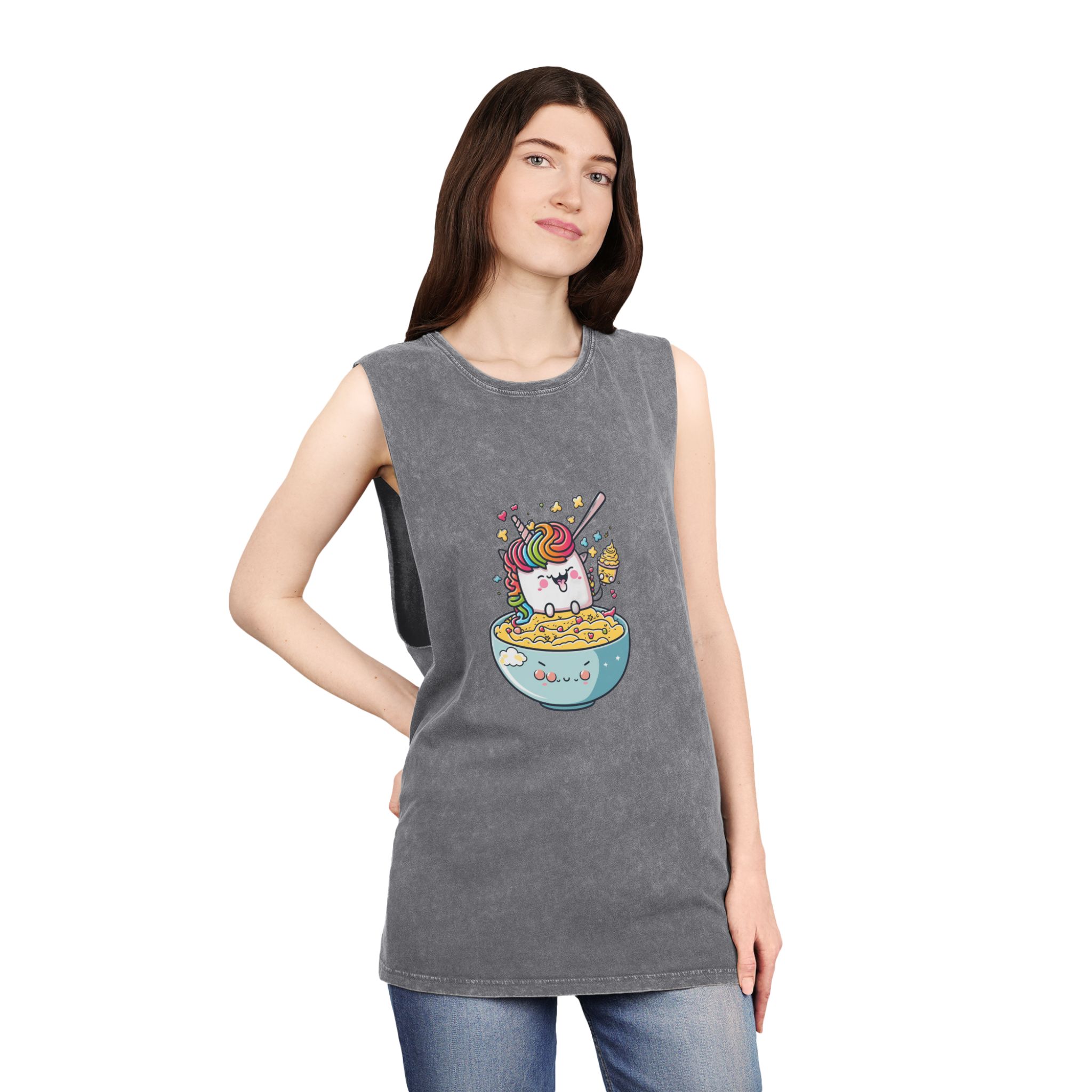 Cute Kawaii Unicorn Graphic Eating Ramen Unisex Stonewash Tank Top - Image 12