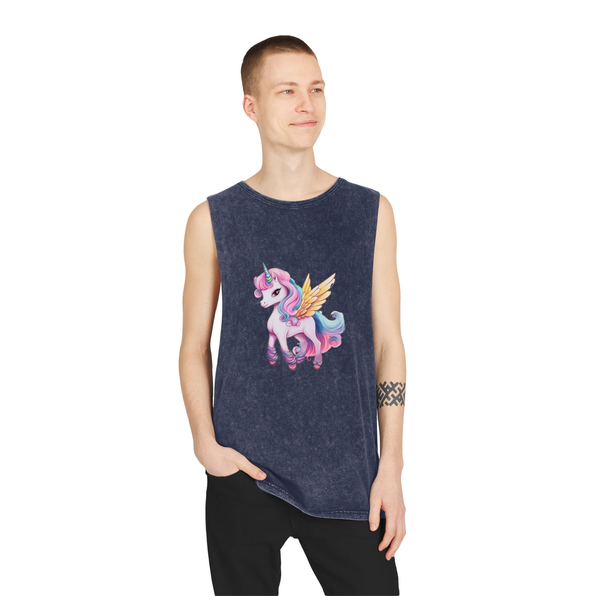 There Is Cartoon Unicorn With Pink Mane Blue Tail Generative Ai Unisex Stonewash Tank Top - Image 15